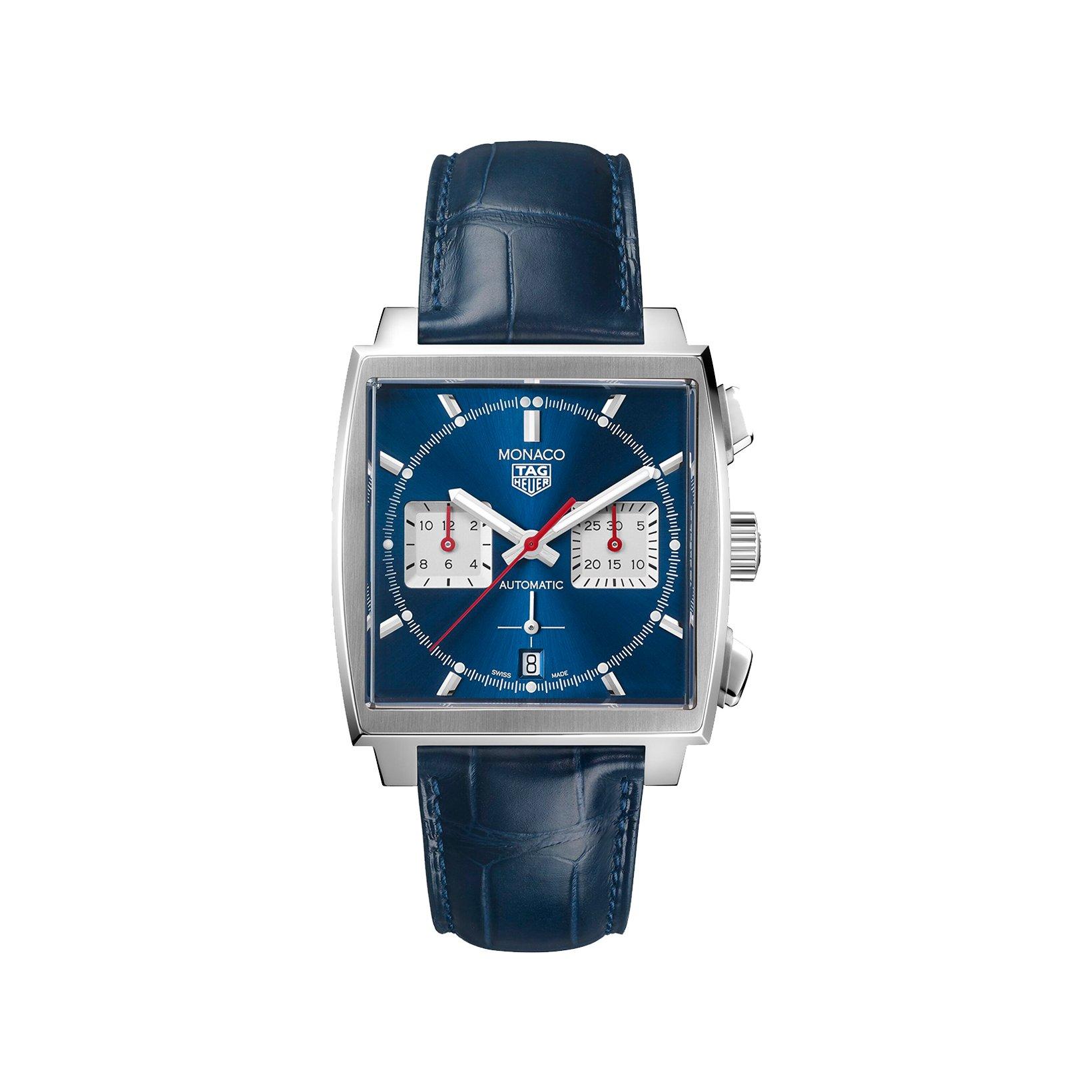 Tag-Heuer Monaco Chronograph Automatic 39 mm Stainless Steel Watch  Blue Dial   Leather Strap