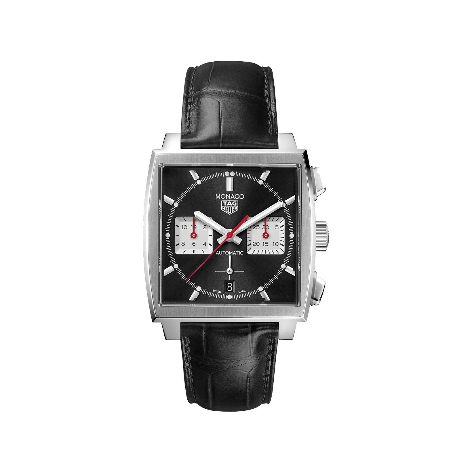 Tag-Heuer Monaco Monaco Chronograph Automatic 39 mm Stainless Steel Watch  Black Dial   Leather Strap