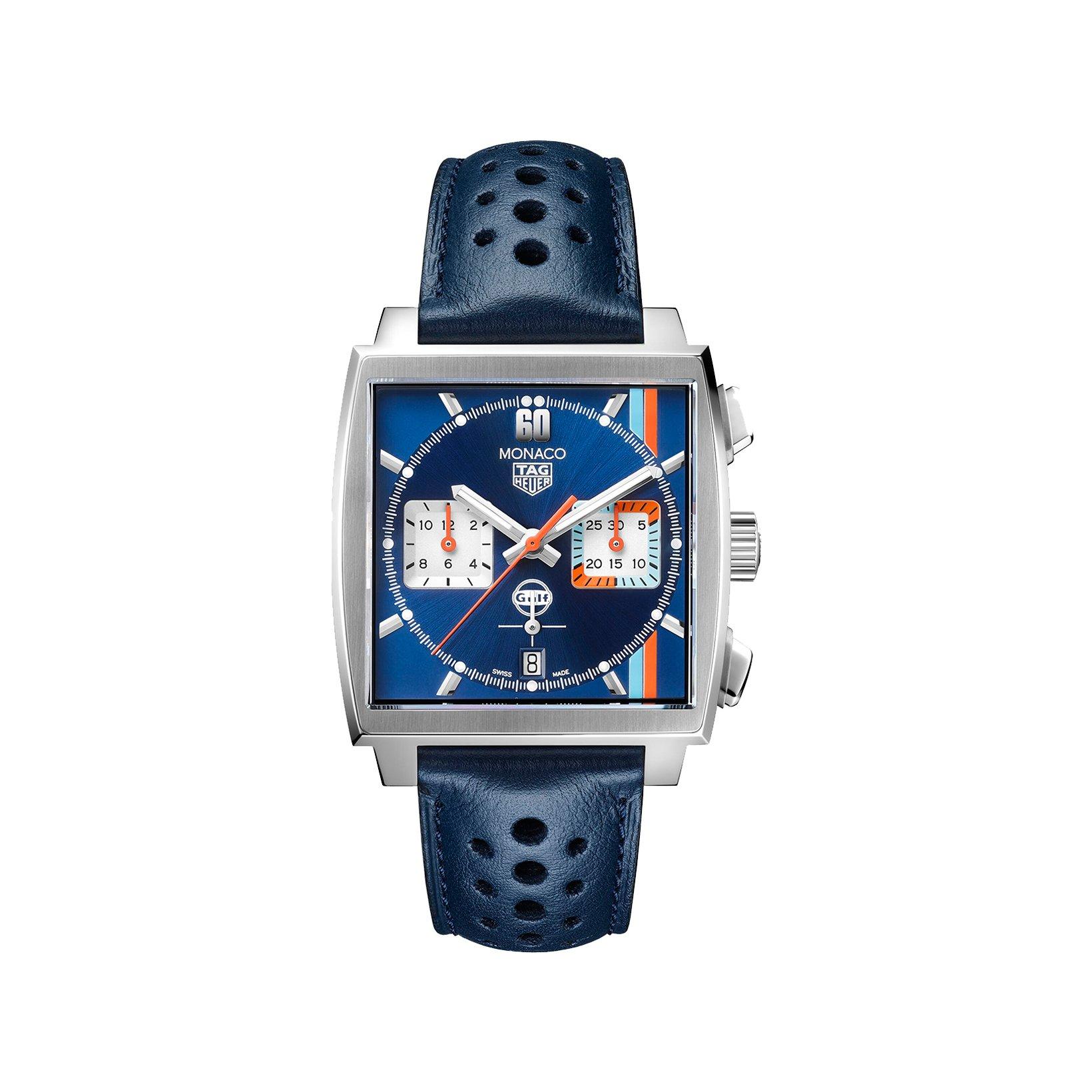 Tag-Heuer Monaco Chronograph X Gulf Automatic 39 mm Stainless Steel Watch  Blue Dial   Leather Strap