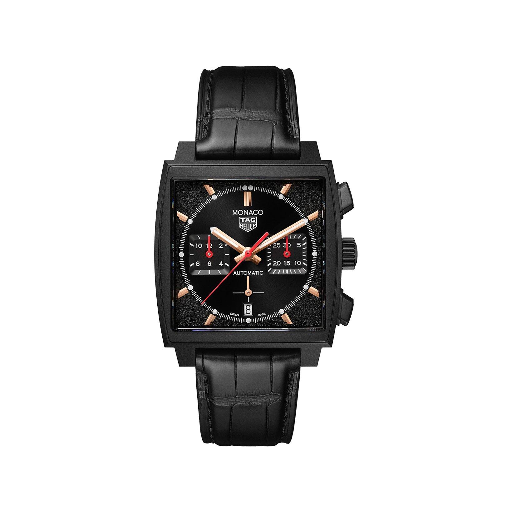 Tag-Heuer Monaco Chronograph Automatic 43 mm Titanium Dlc Watch  Black Dial   Leather Strap