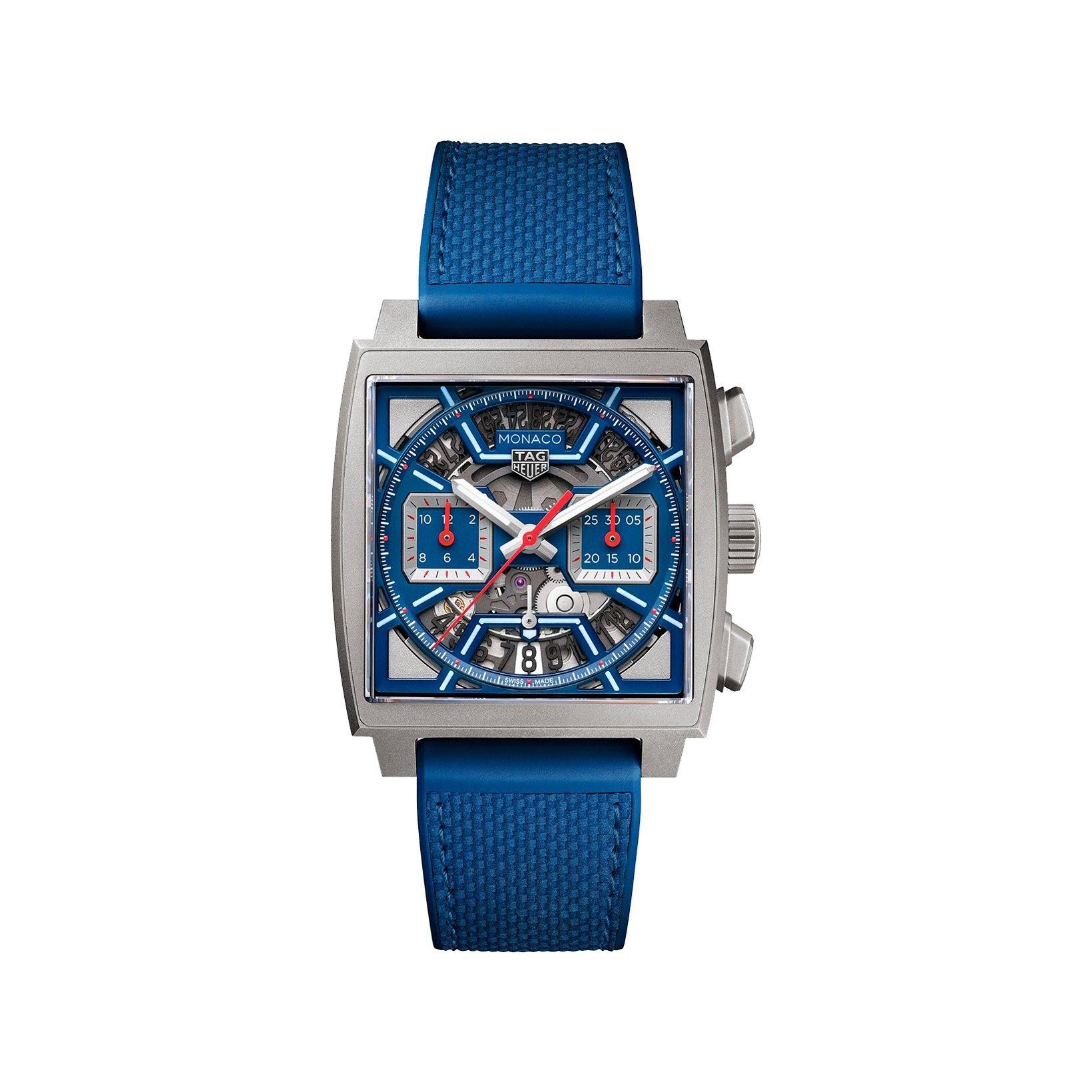 Tag-Heuer Monaco Chronograph Automatic 39 mm Titanium Watch  Blue Dial   Leather And Rubber Strap