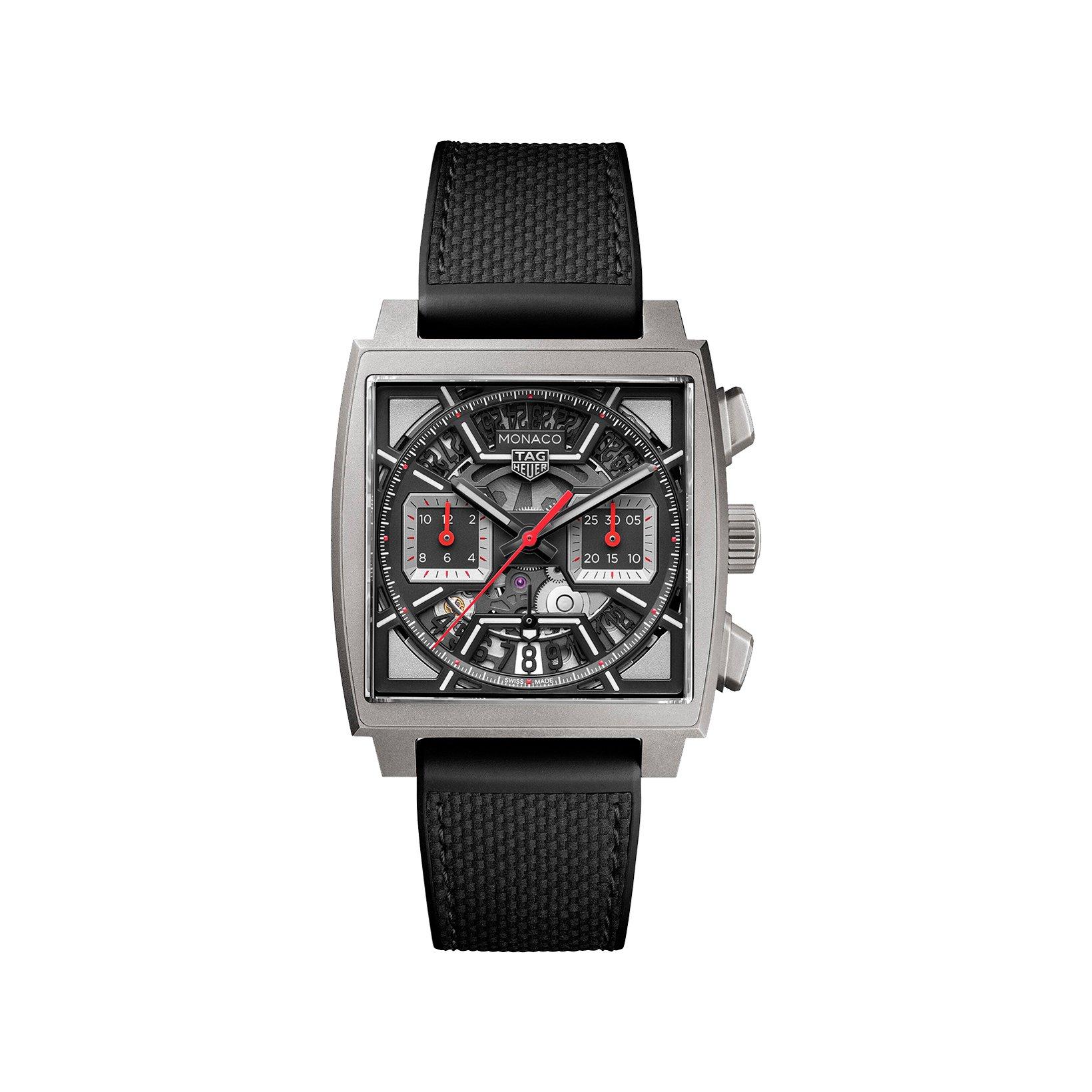 Tag-Heuer Monaco Chronograph Automatic 39 mm Titanium Watch  Grey And Black Dial   Leather And Rubber Strap