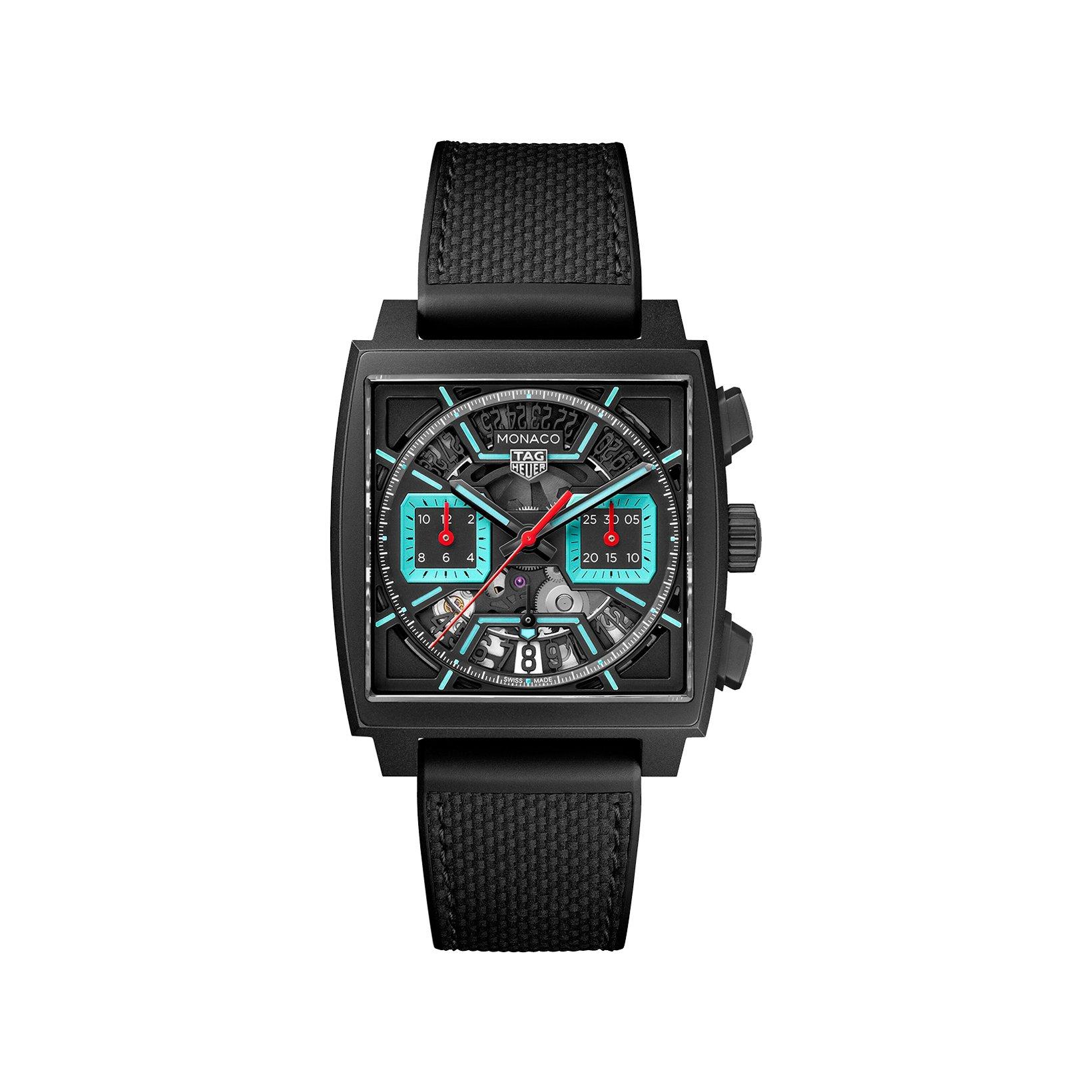 Tag-Heuer Monaco Chronograph Automatic 39 mm Titanium Watch  Black And Light Blue Dial   Leather And Rubber Strap