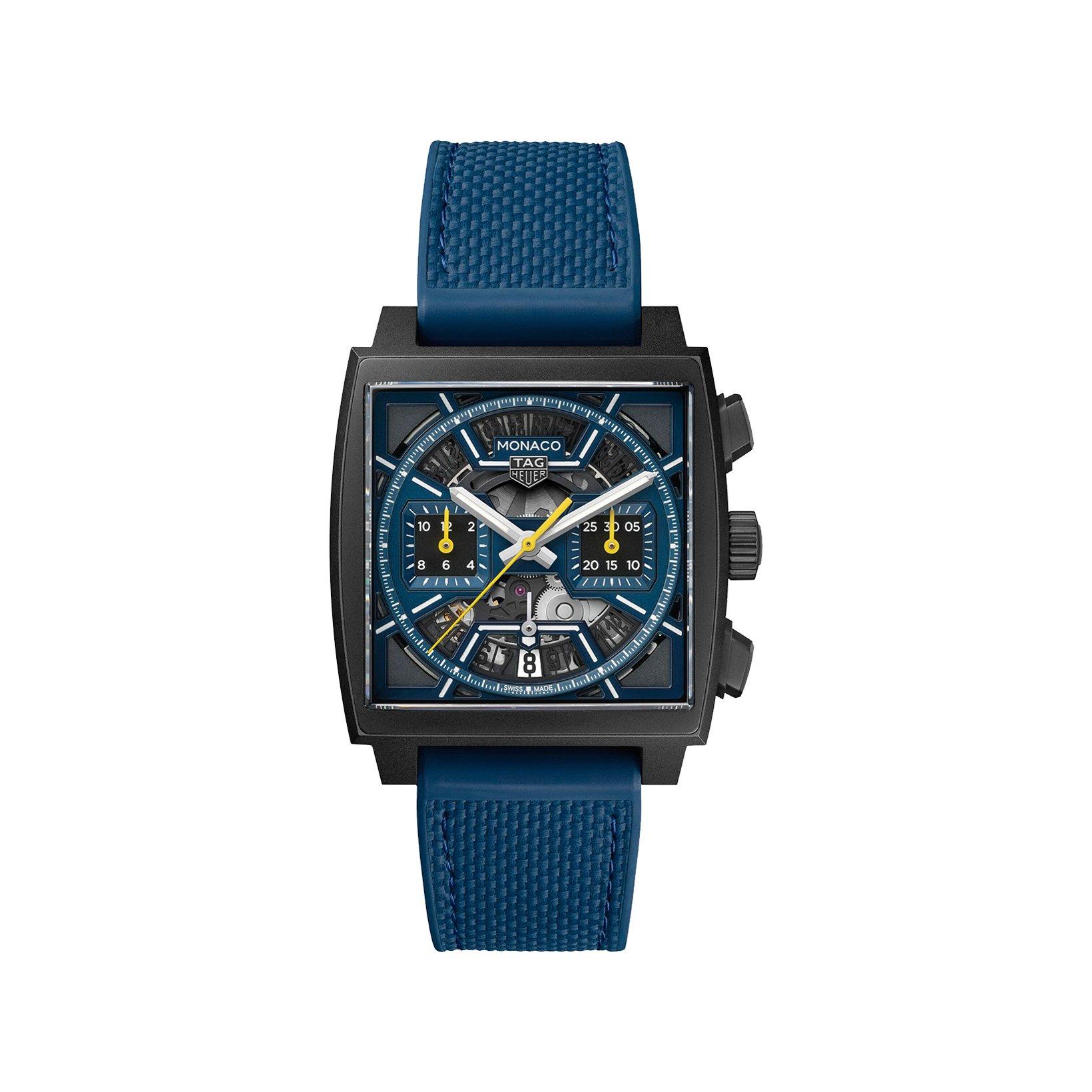 Tag-Heuer Monaco Chronograph Automatic 39 mm Titanium Dlc Watch  Blue Dial   Leather And Rubber Strap