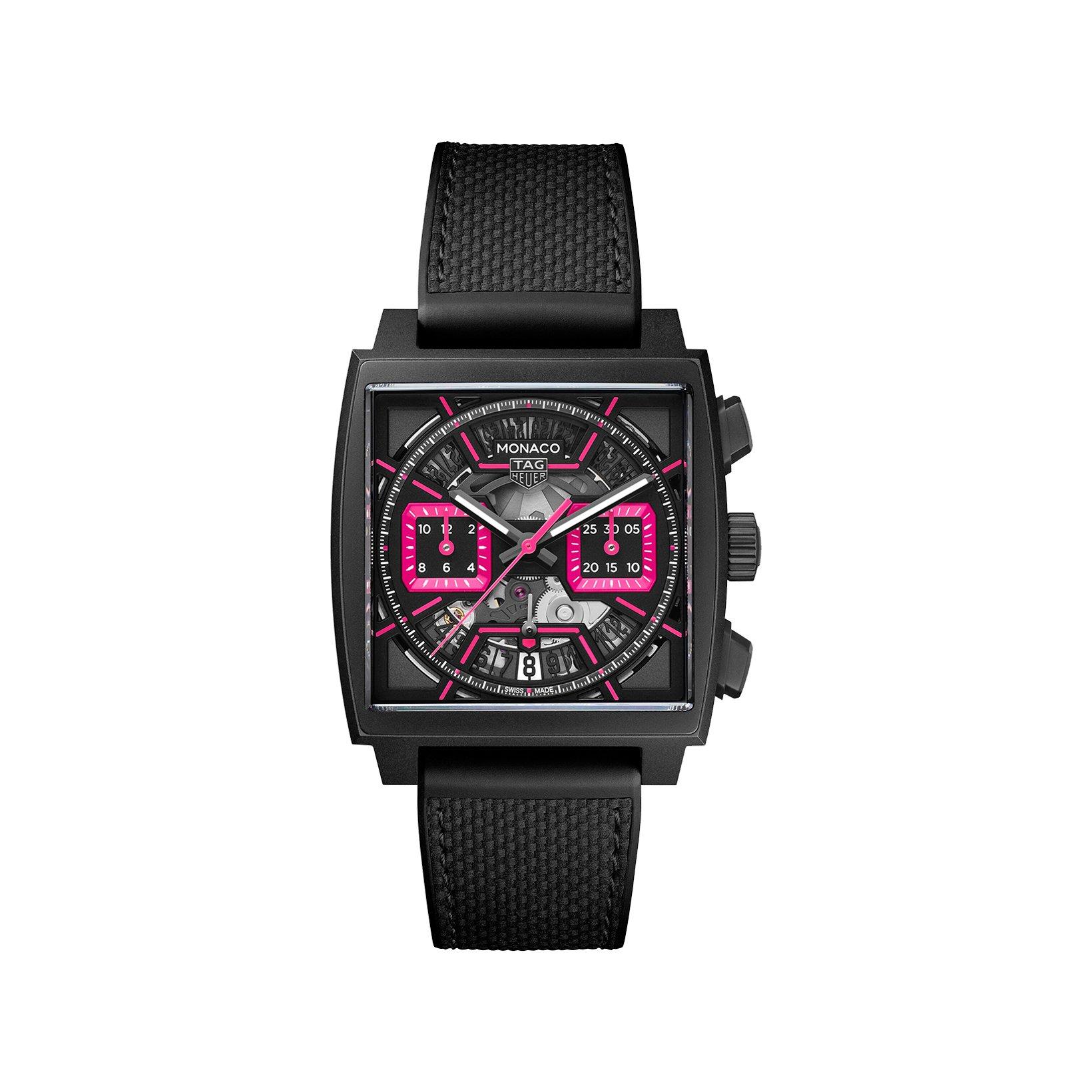 Tag-Heuer Monaco Chronograph Automatic 39 mm Titanium Dlc Watch  Pink Dial   Rubber Strap