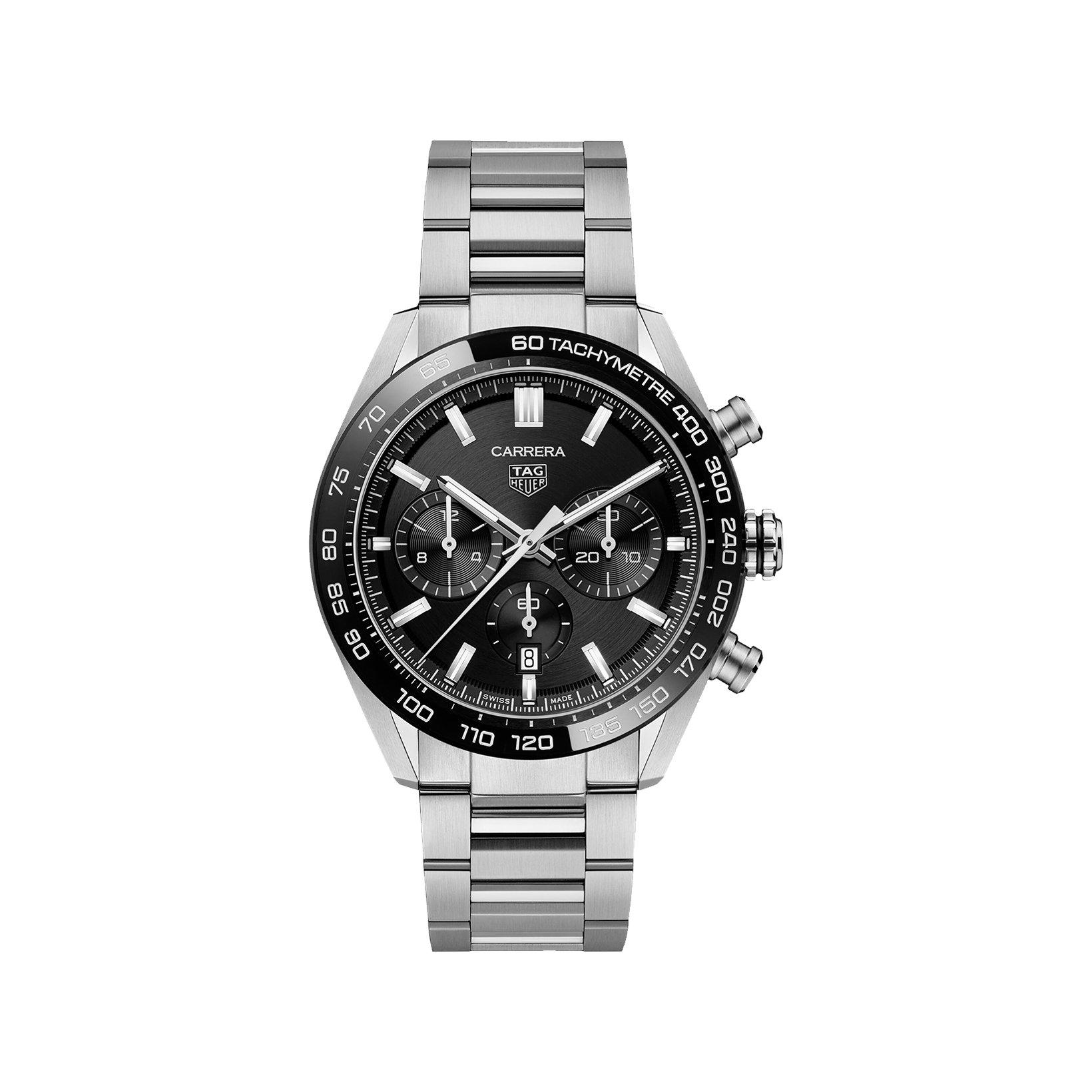 Tag-Heuer Carrera Chronograph Automatic 44 mm Stainless Steel Watch  Black Dial  Stainless Steel Bracelet