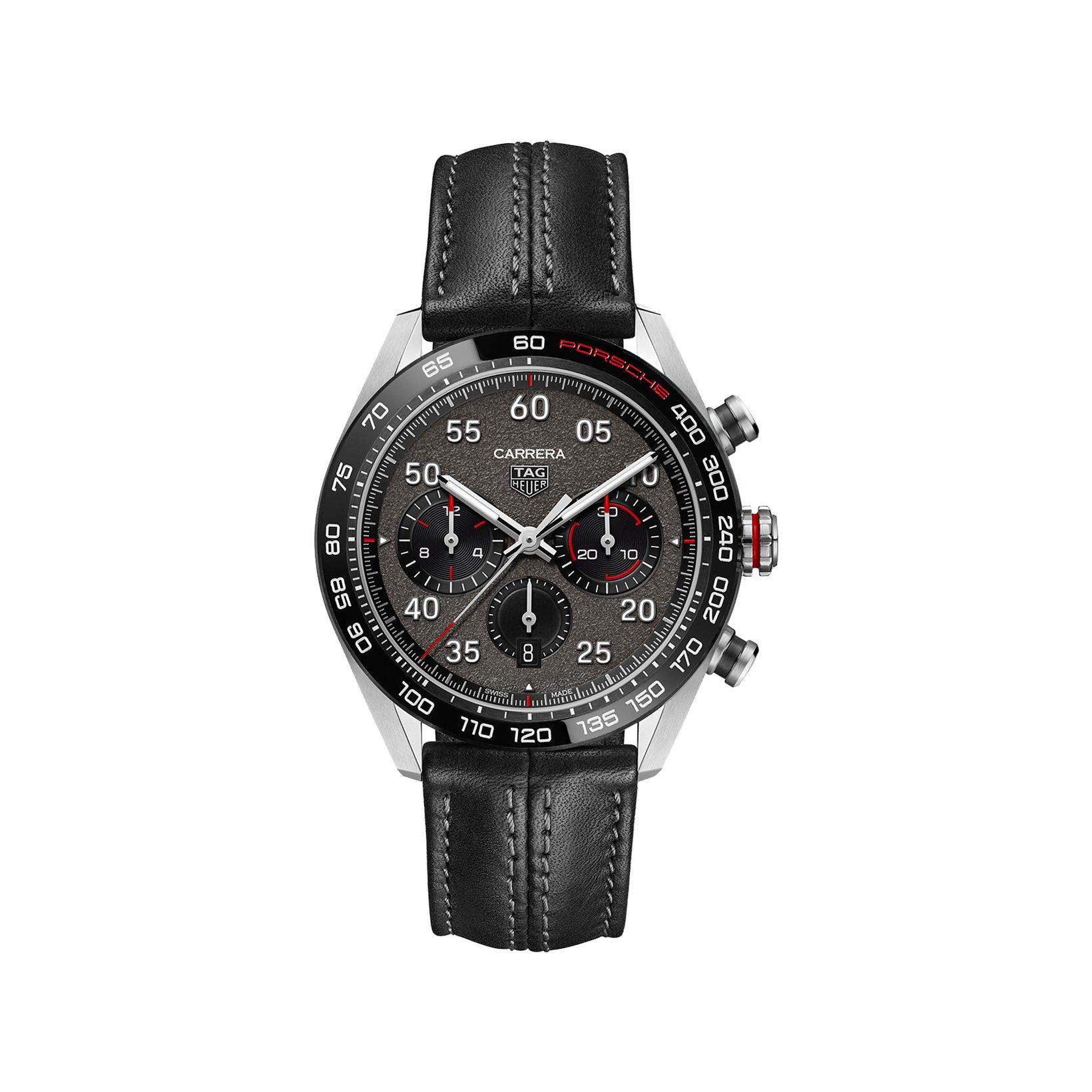 Tag-Heuer Carrera Chronograph X Porsche Automatic 44 mm Stainless Steel Watch  Grey Dial   Leather Strap