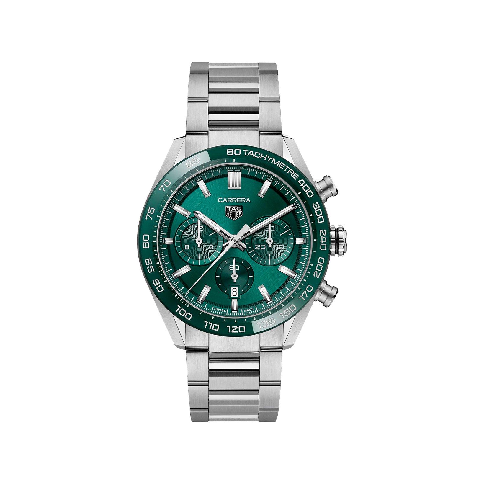 Tag-Heuer Carrera Chronograph Automatic 44 mm Stainless Steel Watch  Green Dial  Stainless Steel Bracelet
