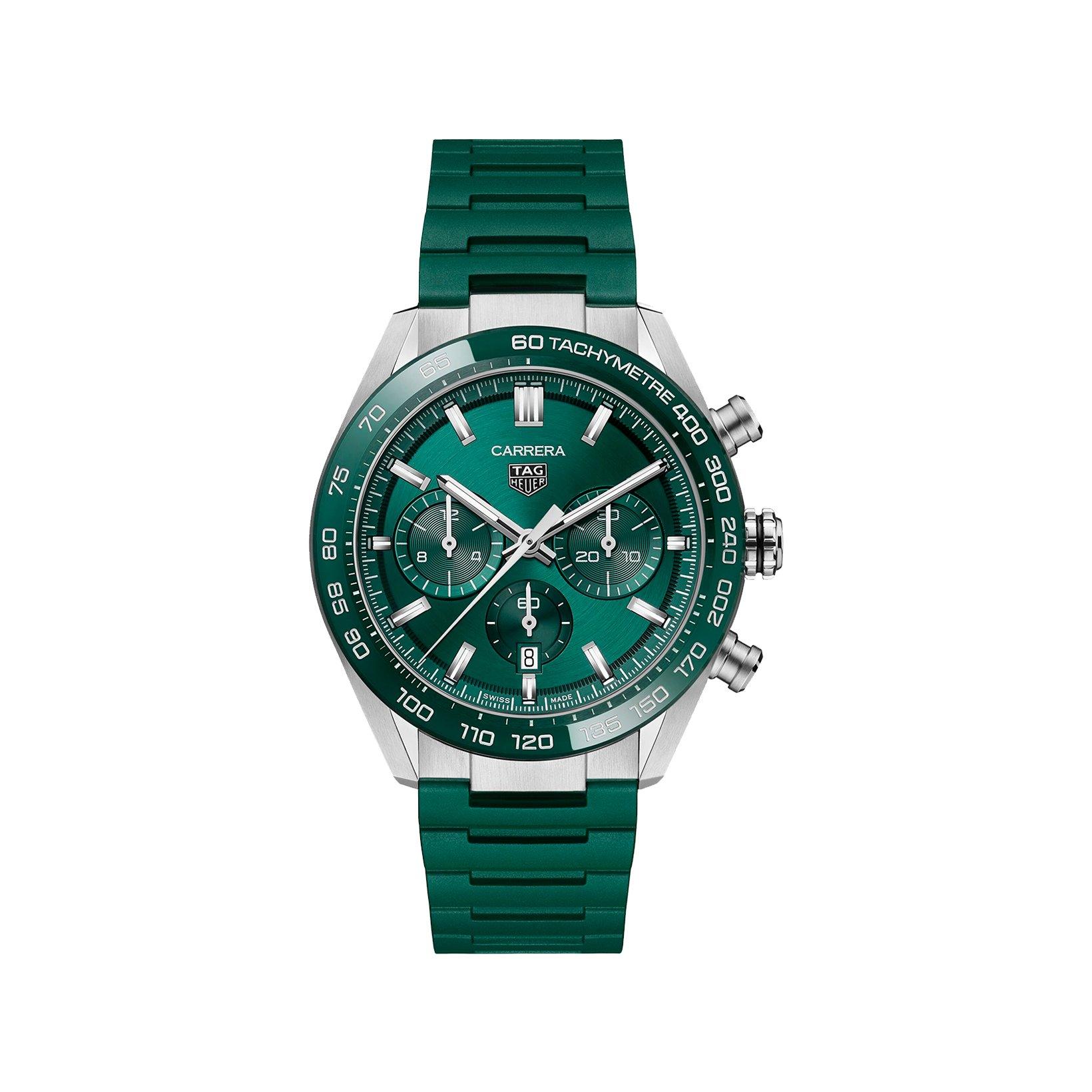 Tag-Heuer Carrera Chronograph Automatic 44 mm Stainless Steel And Ceramic Watch  Green Dial   Rubber Strap