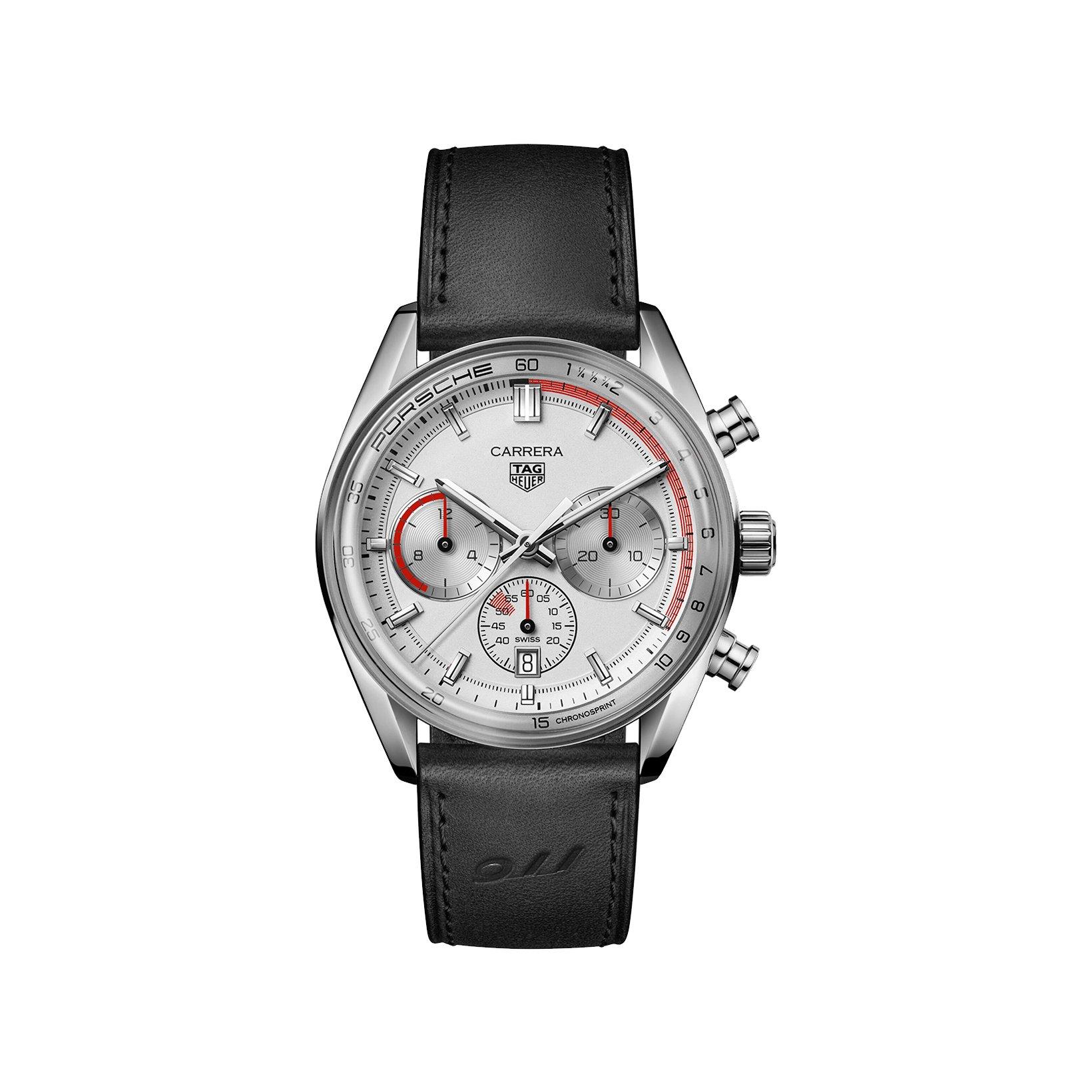 Tag-Heuer Carrera Chronosprint X Porsche Automatic 42 mm Stainless Steel Watch  White Dial   Leather Strap