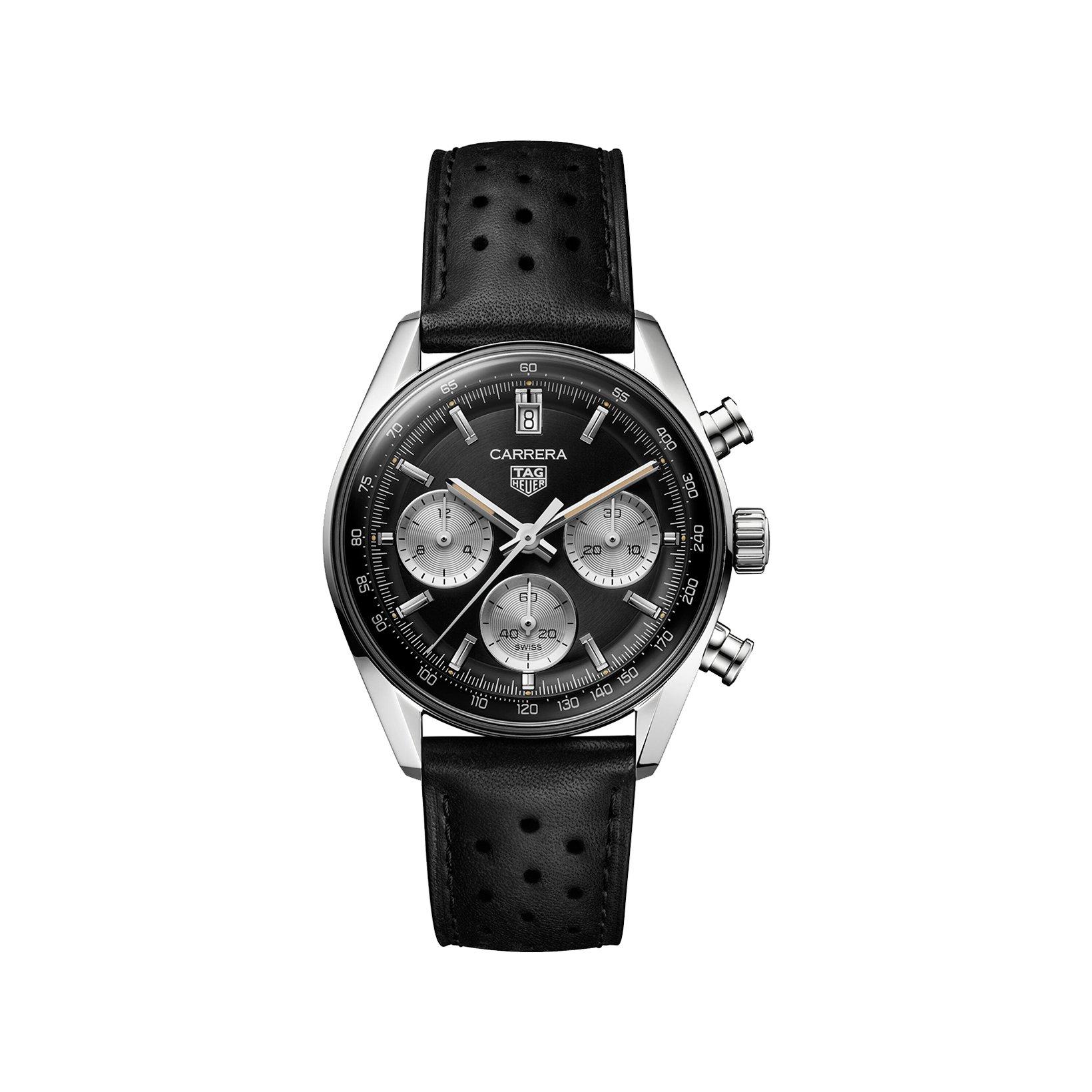 Tag-Heuer Carrera Chronograph Glassbox Automatic 39 mm Stainless Steel Watch  Black Dial   Leather Strap