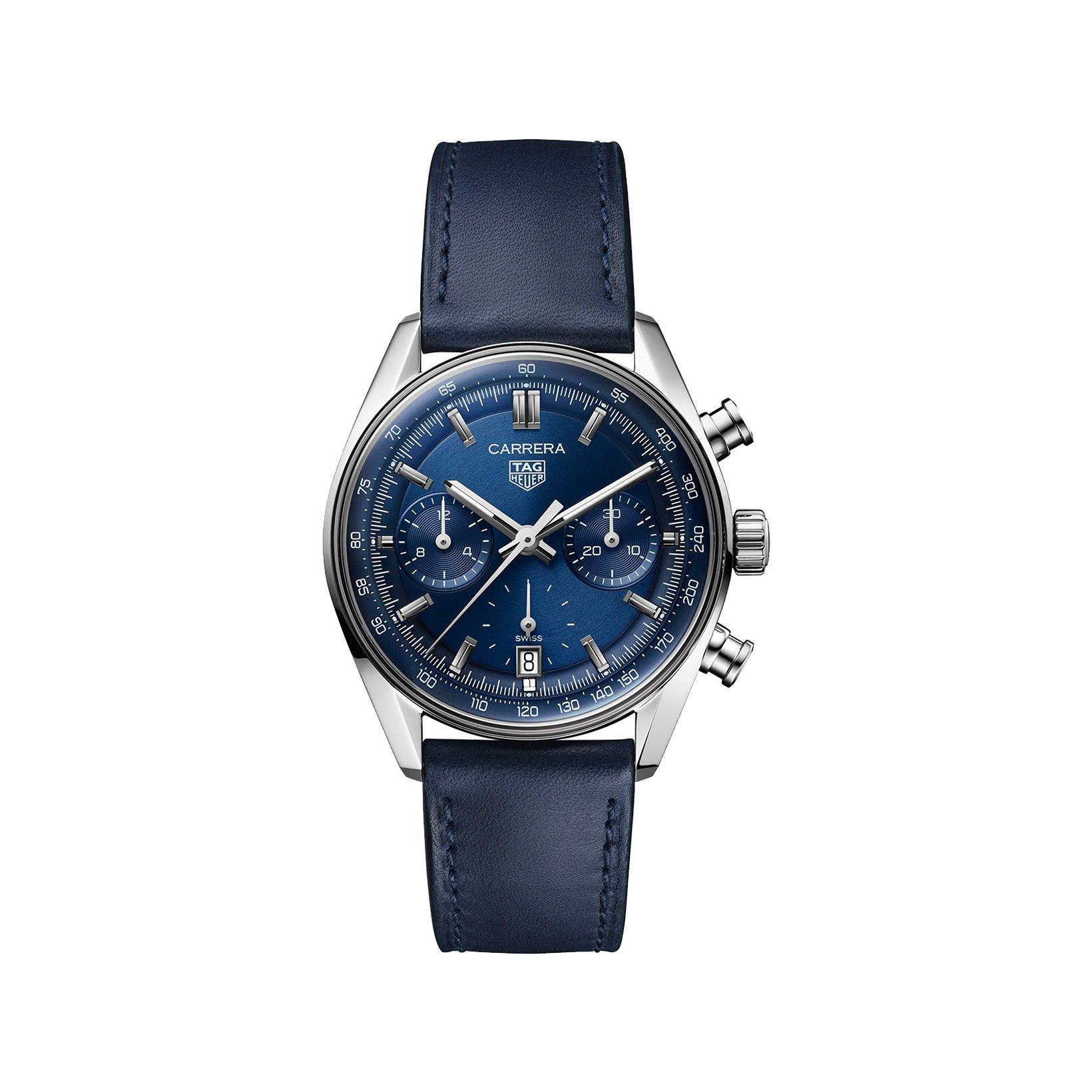 Tag-Heuer Carrera Chronograph Glassbox Automatic 39 mm Stainless Steel Watch  Blue Dial   Leather Strap