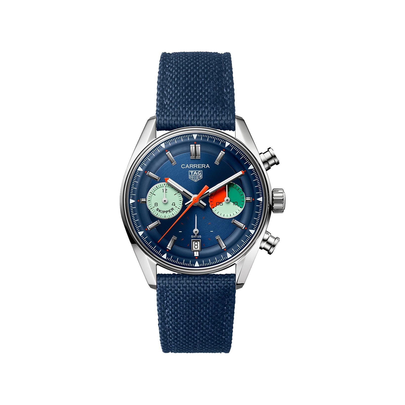 Tag-Heuer Carrera Chronograph Skipper Automatic 39 mm Stainless Steel Watch  Blue Dial   Fabric Strap