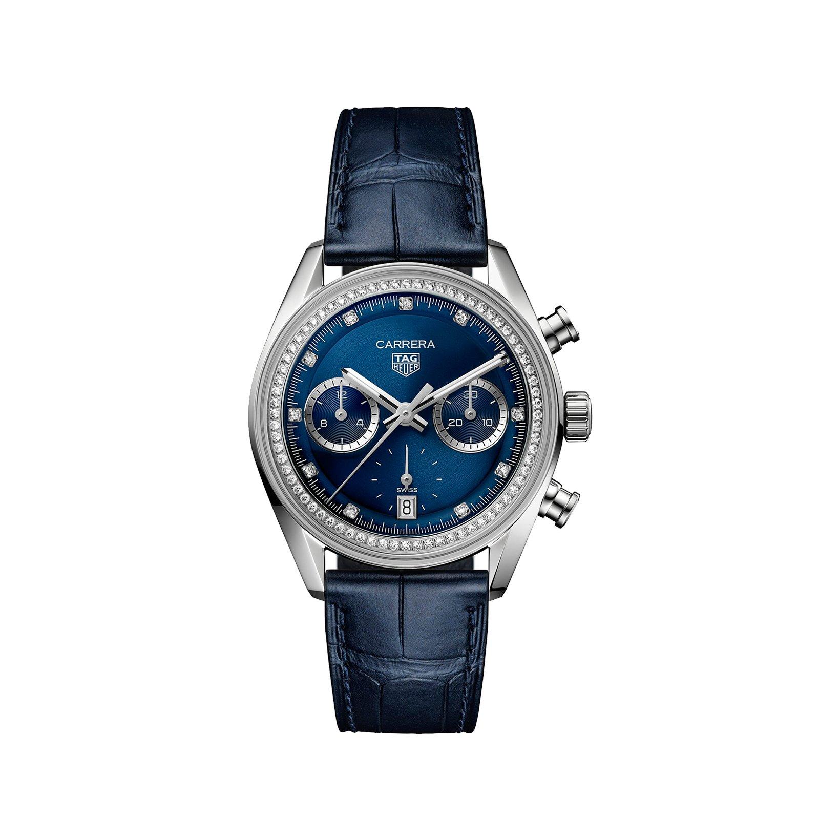 Tag-Heuer Carrera Chronograph Automatic 39 mm Stainless Steel Watch  Blue Dial   Alligator Leather Strap