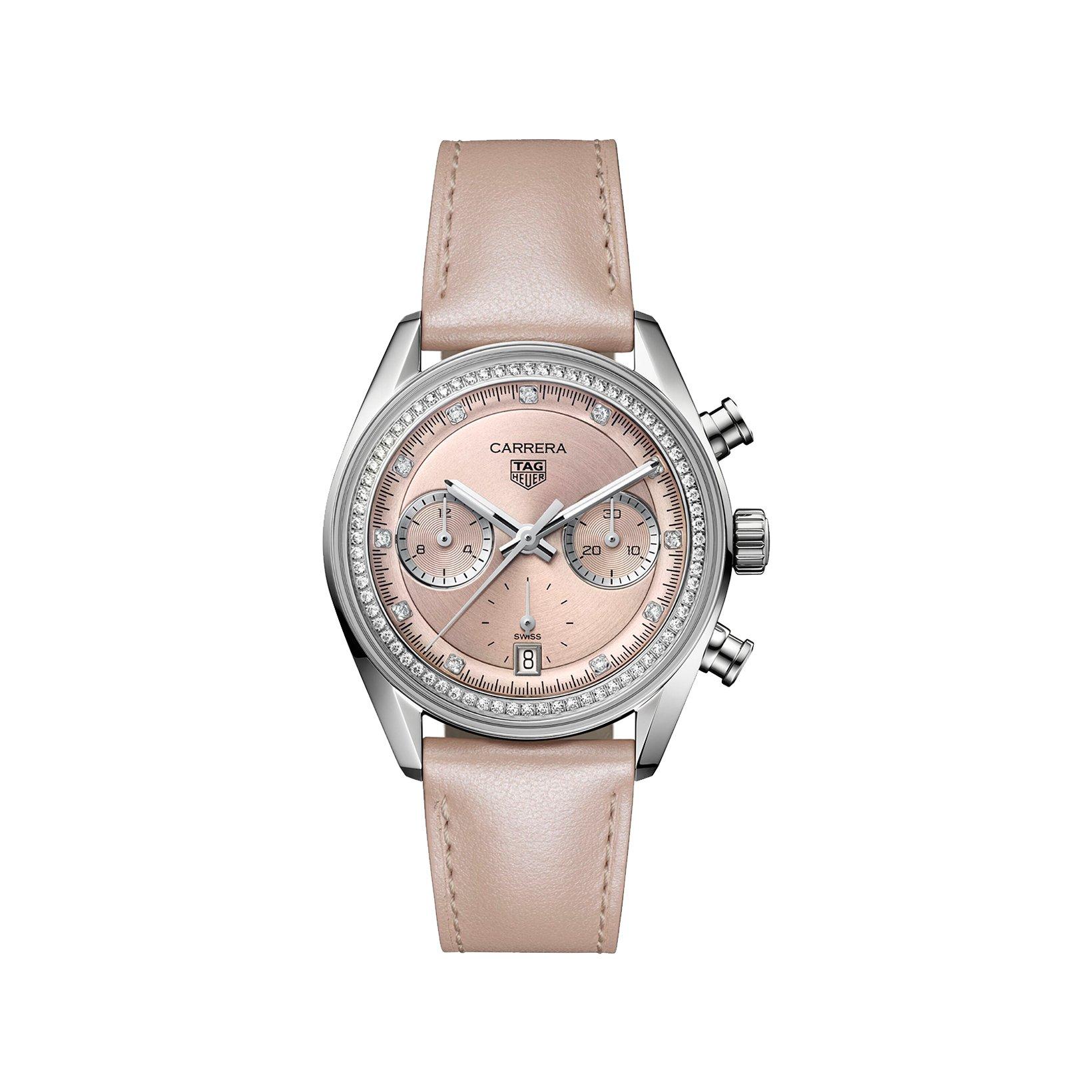 Tag-Heuer Carrera Chronograph Automatic 39 mm Stainless Steel Watch  Pink Dial   Leather Strap