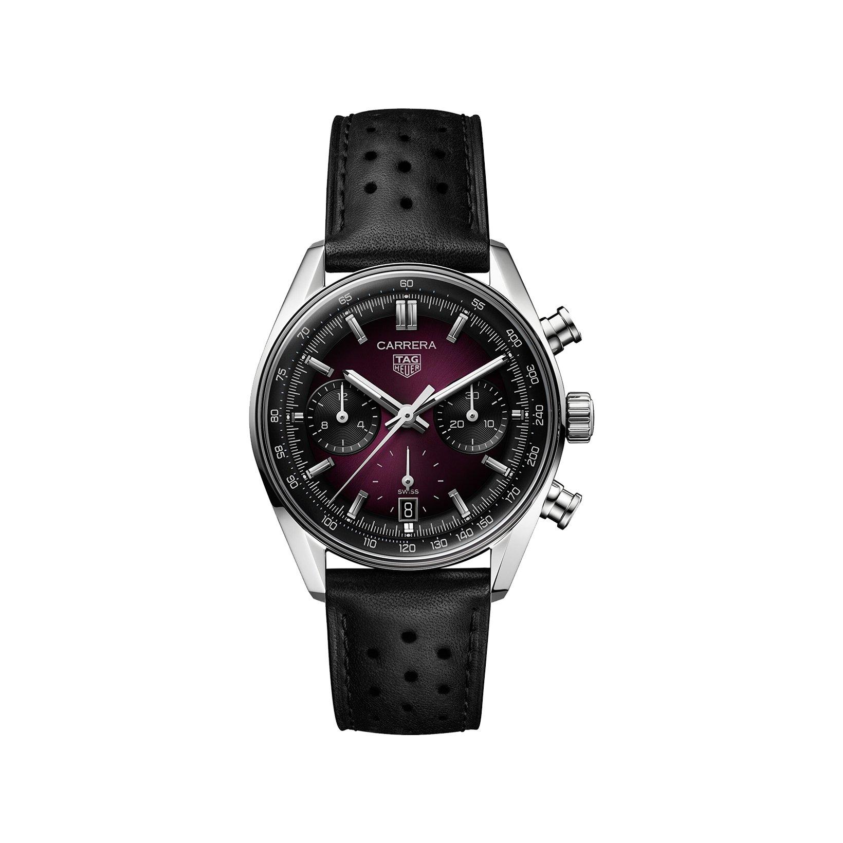 Tag-Heuer Carrera Chronograph Automatic 39 mm Stainless Steel Watch  Purple Dial   Leather Strap