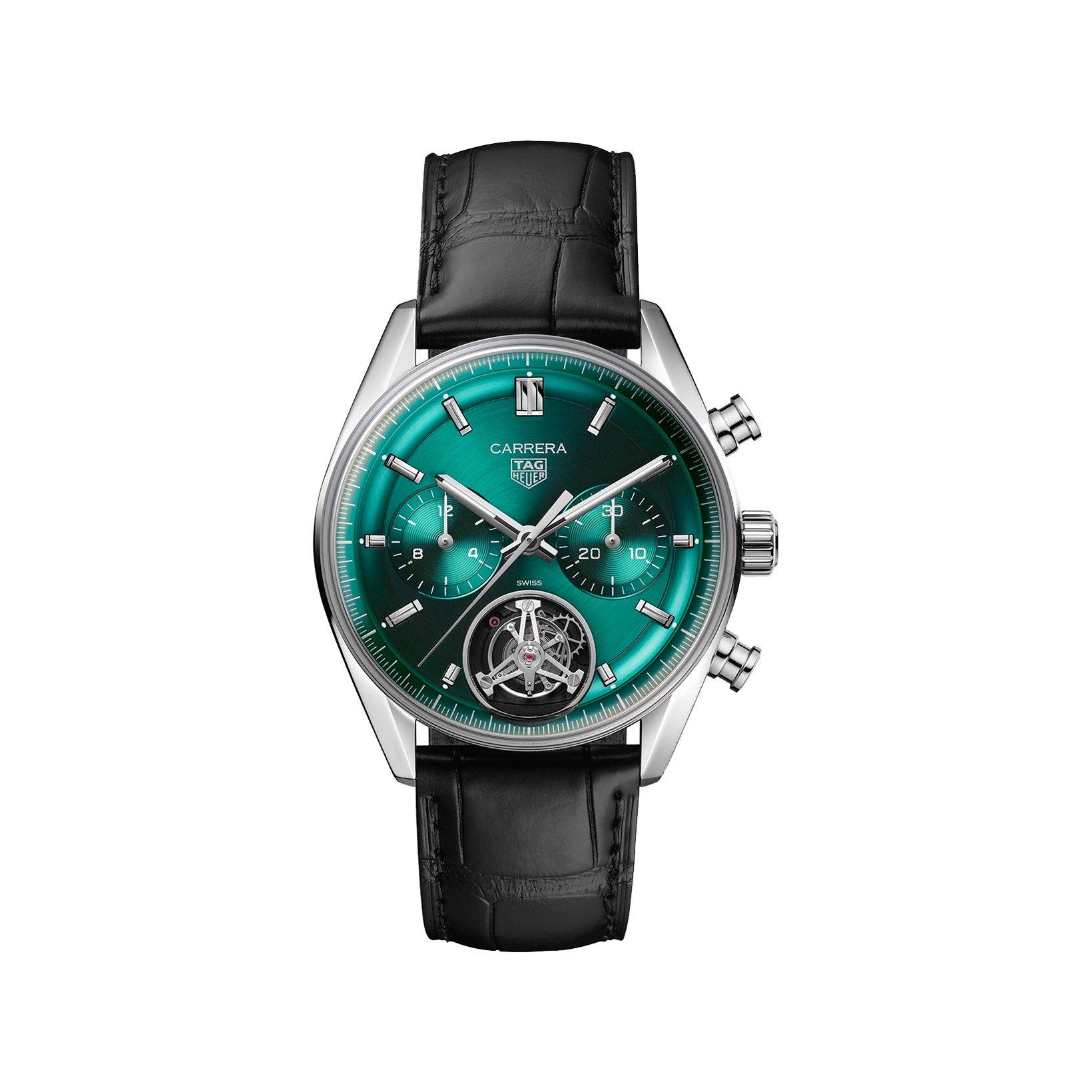 Tag-Heuer Carrera Chronograph Tourbillon Automatic 42 mm Stainless Steel Watch  Green Dial   Leather Strap