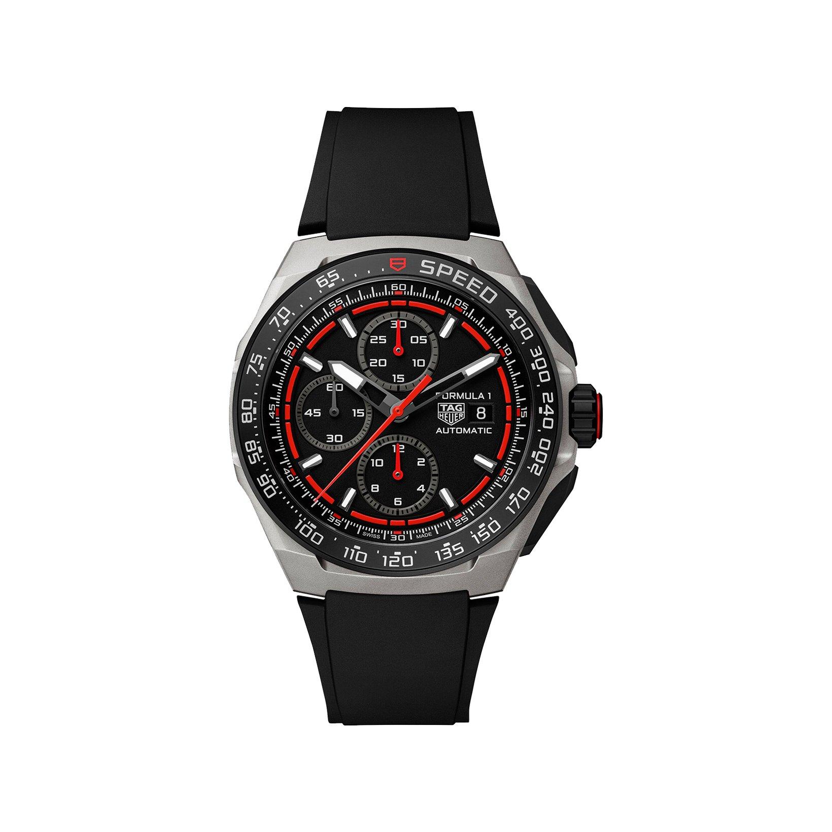Tag-Heuer Formula 1 Chronograph Automatic 44 mm Titanium Dlc Watch  Black And Red Dial   Rubber Strap
