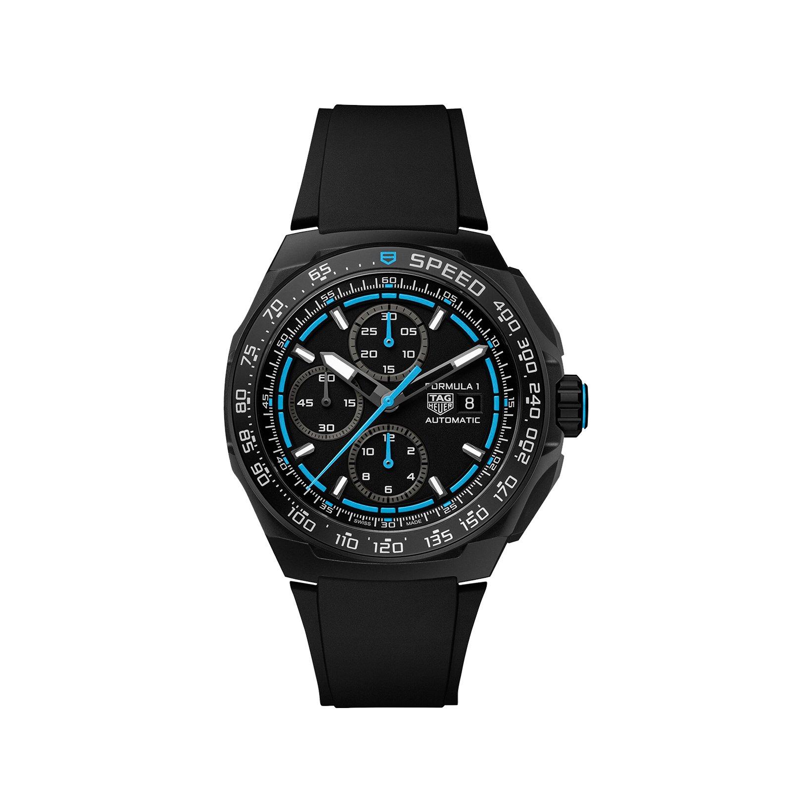 Tag-Heuer Formula 1 Chronograph Automatic 44 mm Titanium Dlc Watch  Black And Blue Dial   Rubber Strap