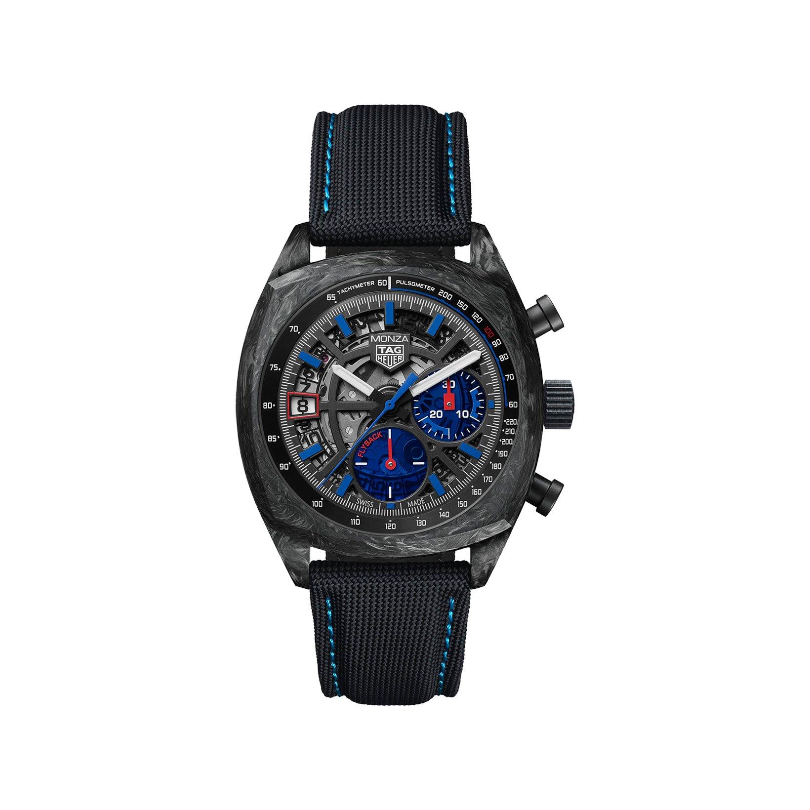 Tag-Heuer Monza Flyback Chronometer Automatic 42 mm Carbon Watch  Black And Blue Dial   Fabric Strap