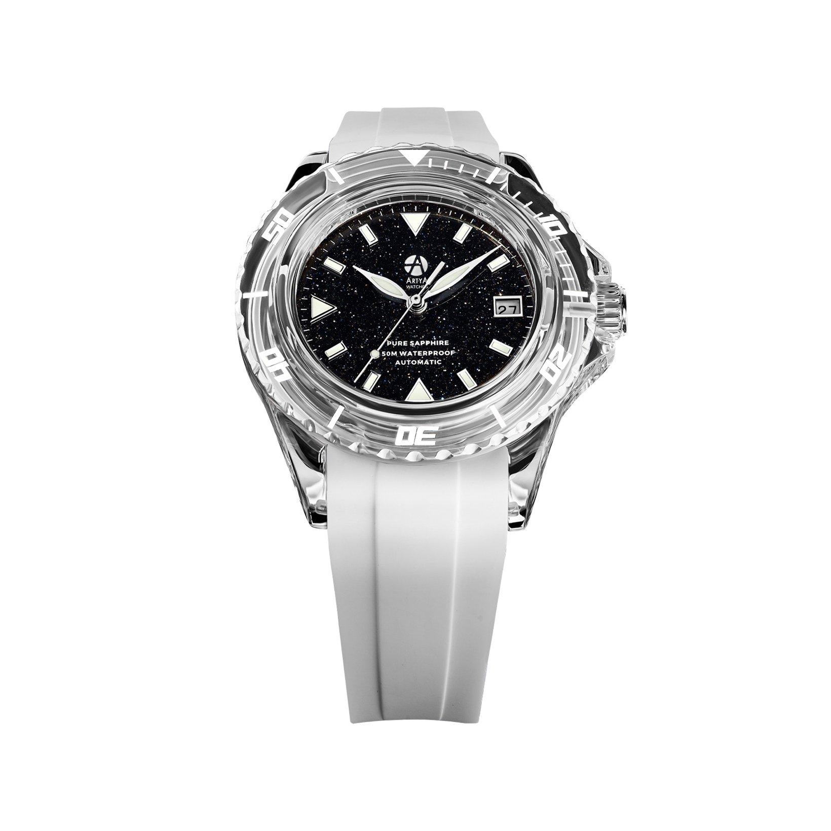 Artya Aqua Crystal Black Automatic 41 mm Sapphire Watch  Blue Dial   Rubber Strap