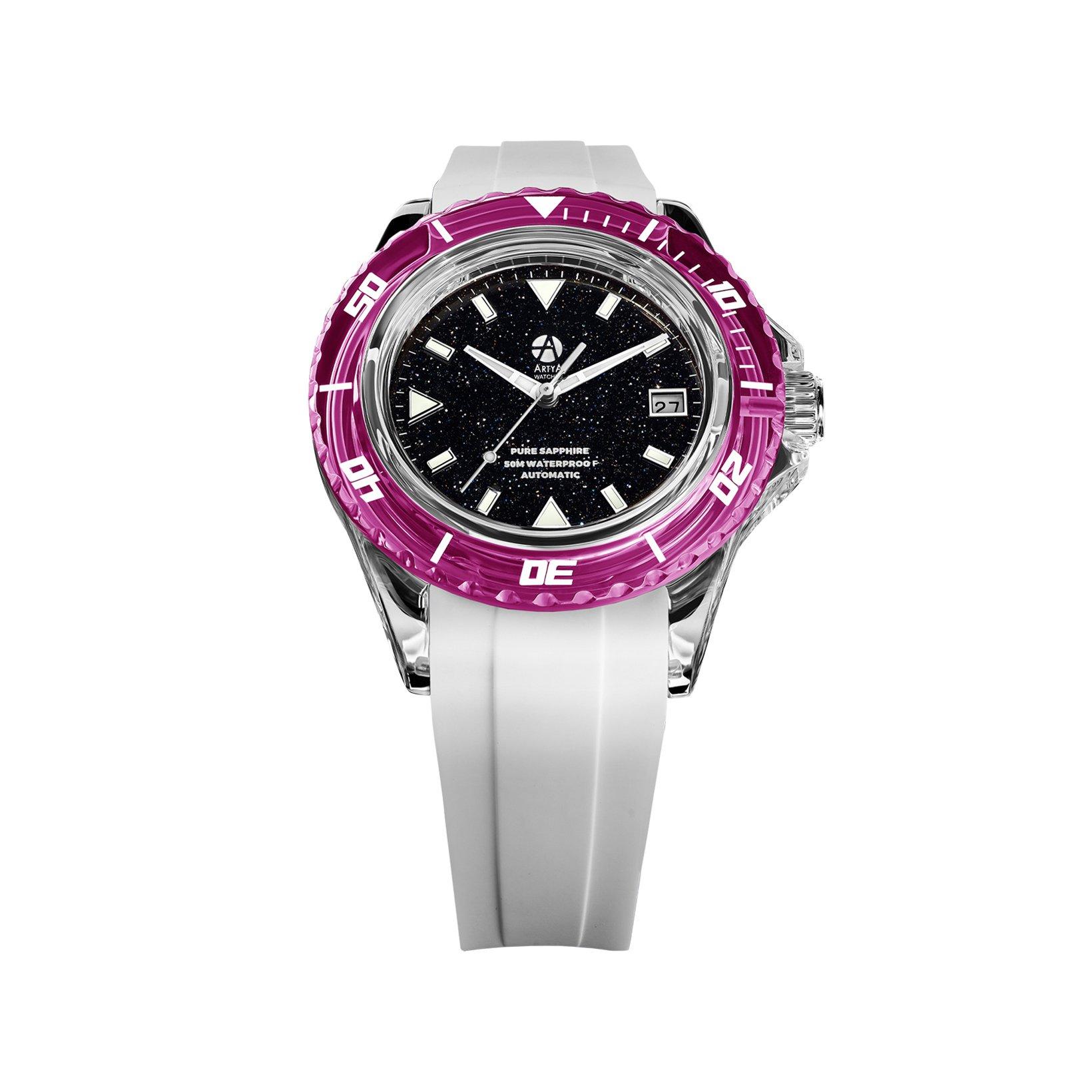 Artya Aqua Crystal Pink Automatic 41 mm Sapphire Watch  Black Dial   Rubber Strap
