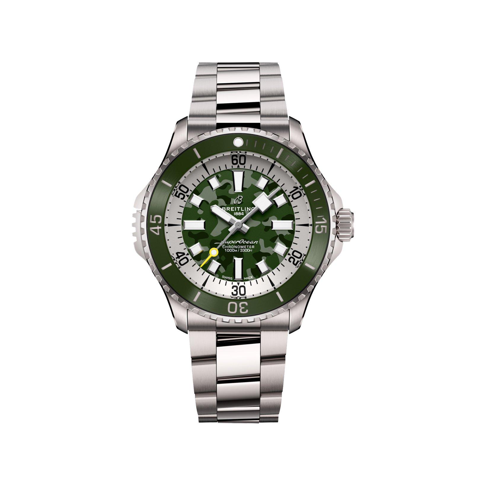 Breitling Superocean B10 Automatic 46 mm Titanium Watch  Green Camouflage Dial  Titanium Bracelet