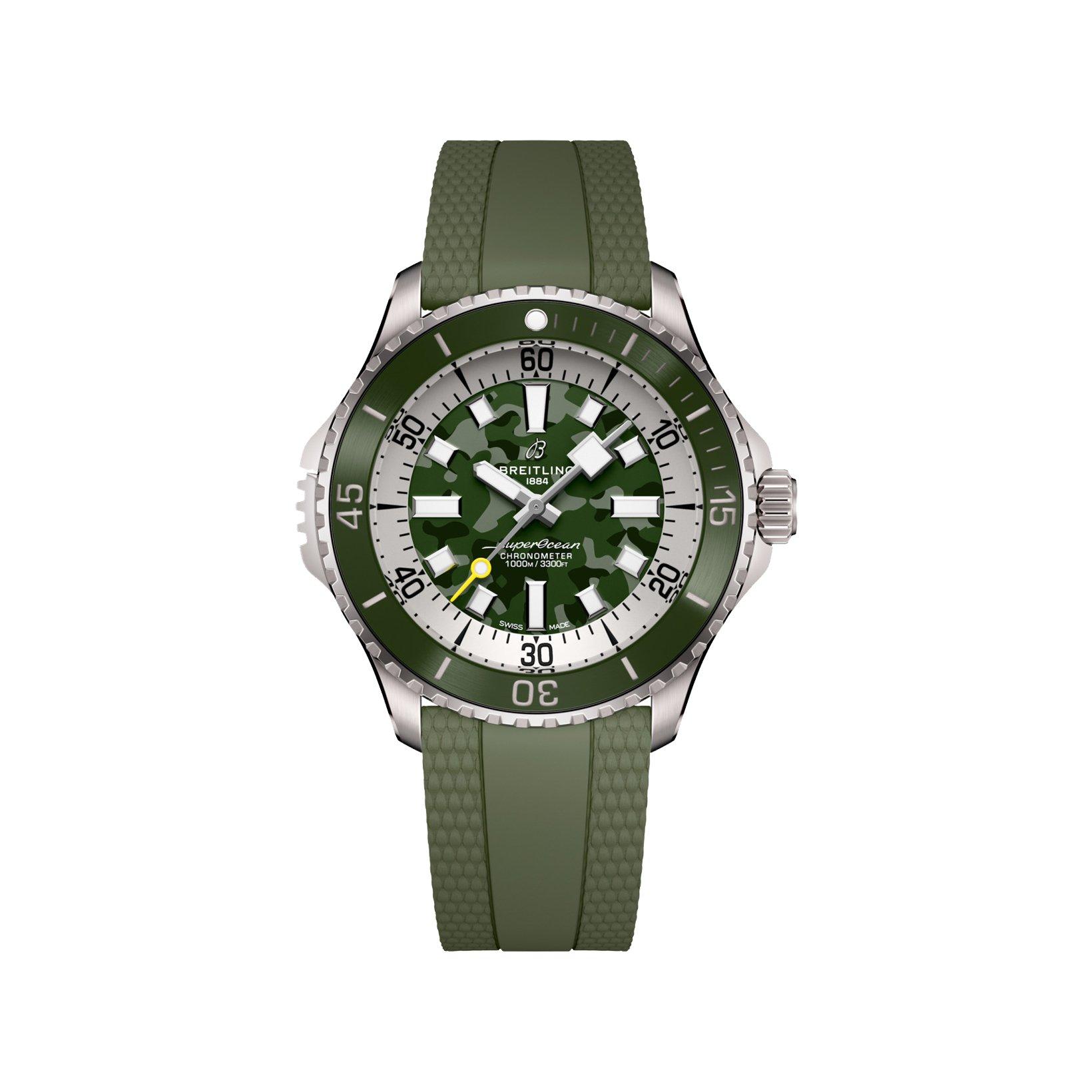 Breitling Superocean B10 Automatic 46 mm Titanium Watch  Green Dial   Rubber Strap