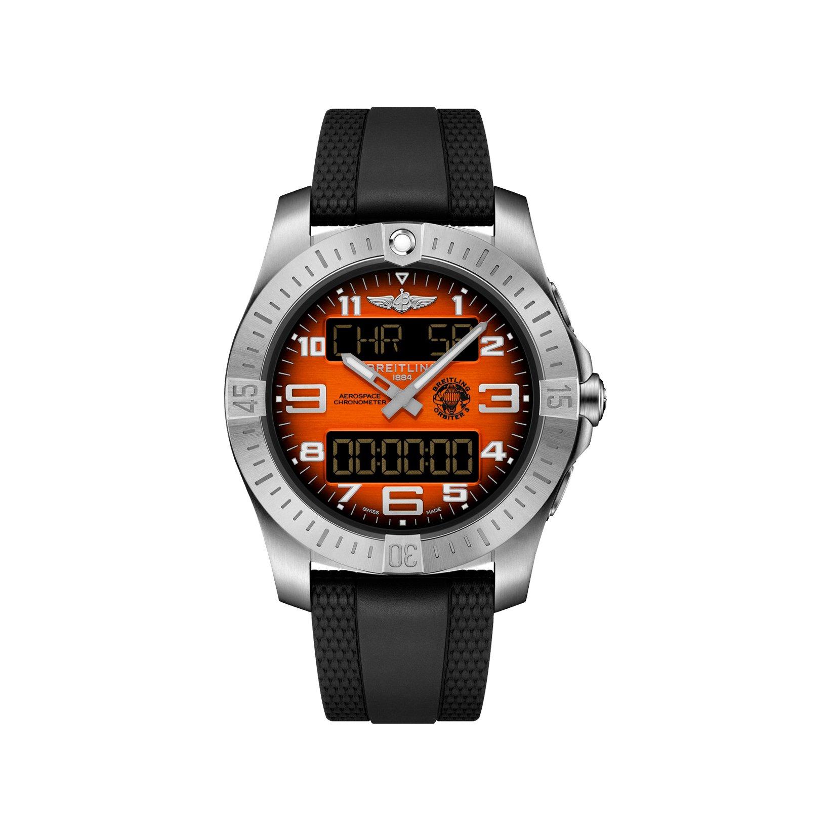 Breitling Aerospace B70 Quartz 43 mm Titanium Watch  Orange Dial   Rubber Strap