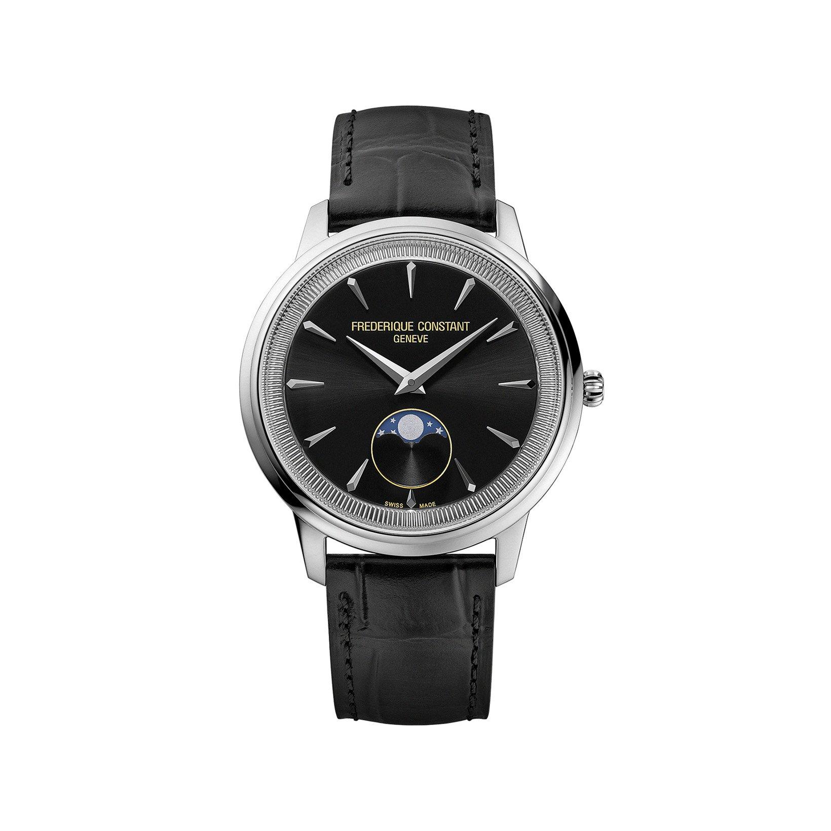 Frederique Constant Classics Moneta Moonphase Quartz 37 mm Stainless Steel Watch  Black Dial   Leather Strap