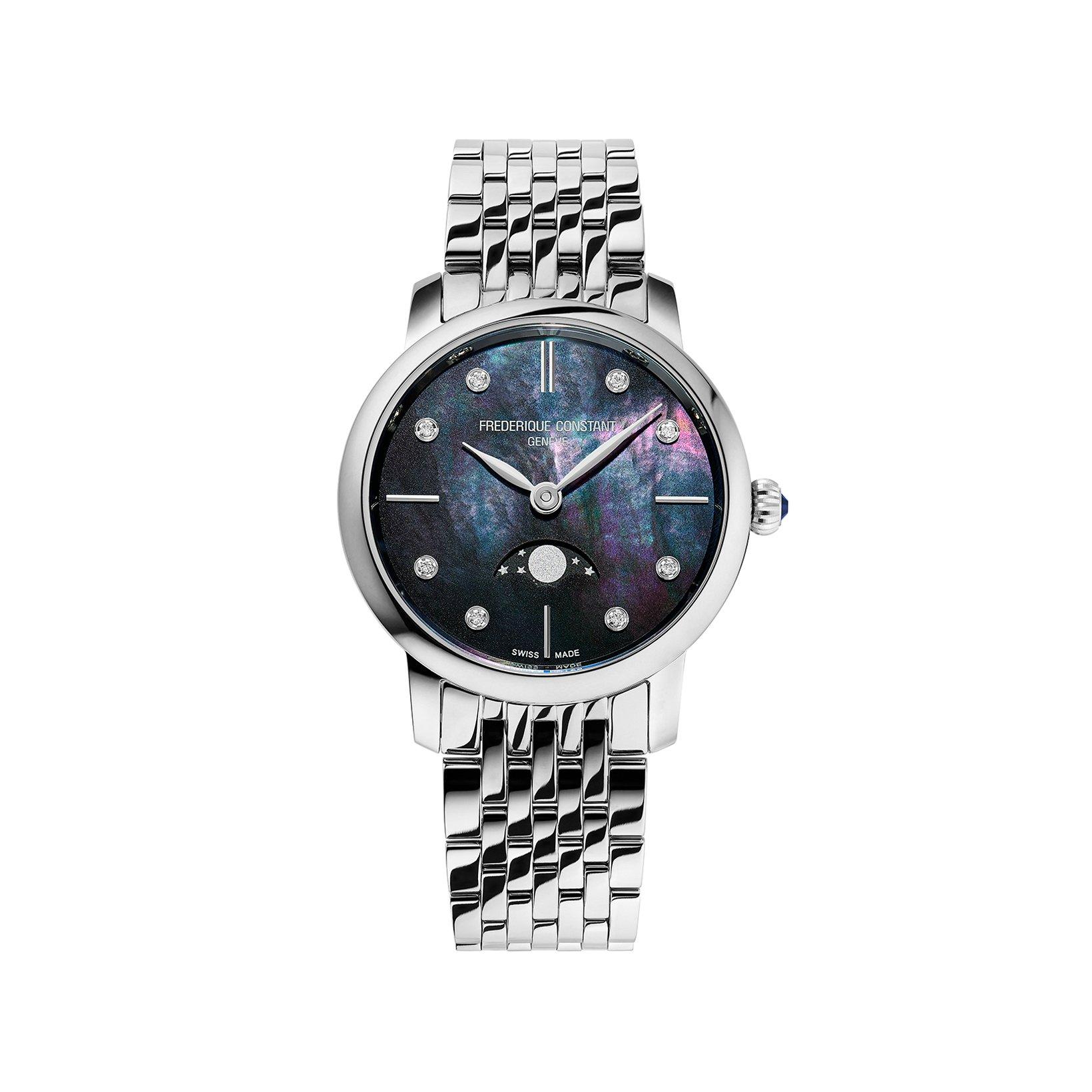 Frederique Constant Classics Slimline Moonphase Quartz 30 mm Stainless Steel Watch  Black Dial  Stainless Steel Bracelet
