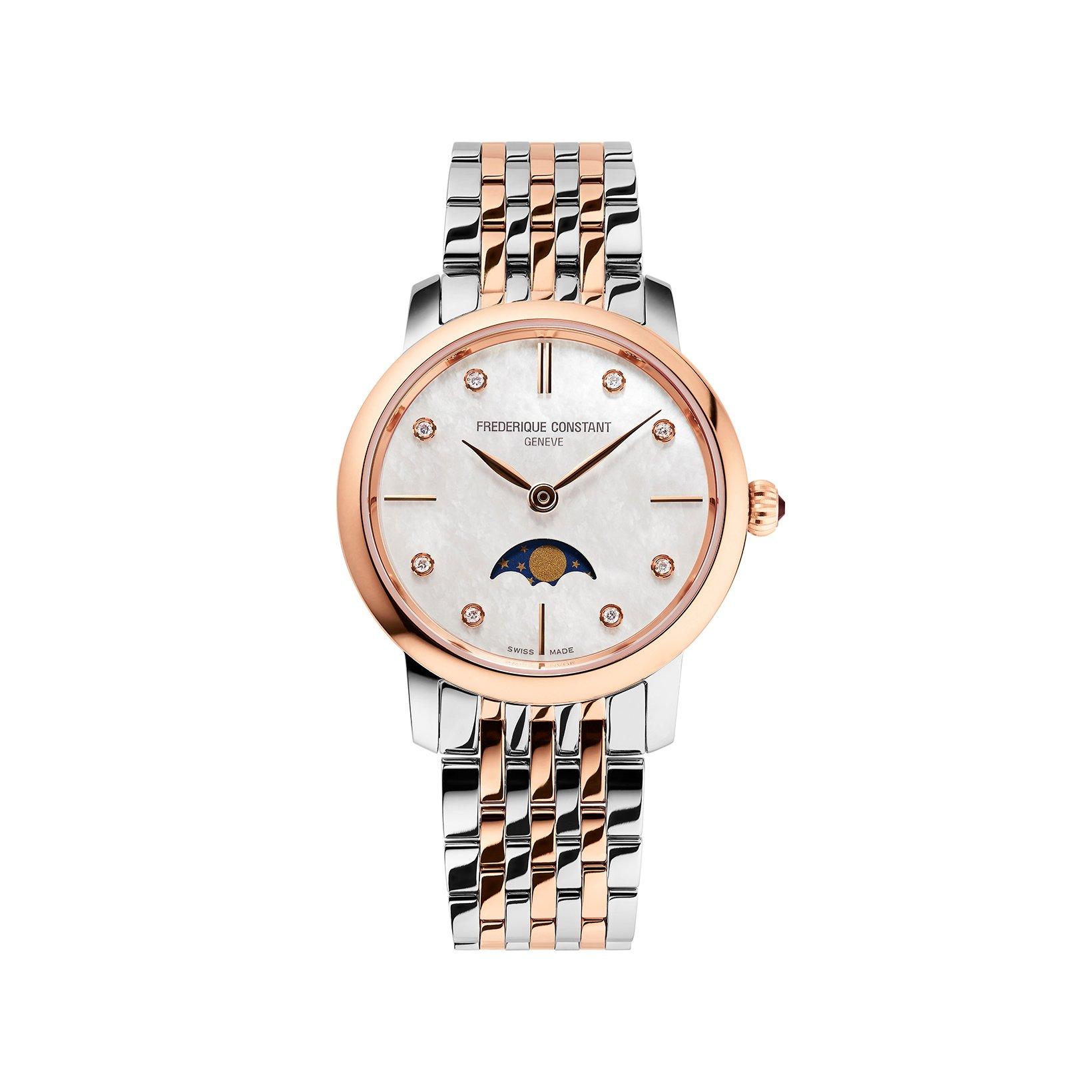 Frederique Constant Classics Slimline Moonphase Quartz 30 mm Stainless Steel And Rose Gold Plated Watch  White Dial  Stainless Steel And Rose Gold Plated Bracelet