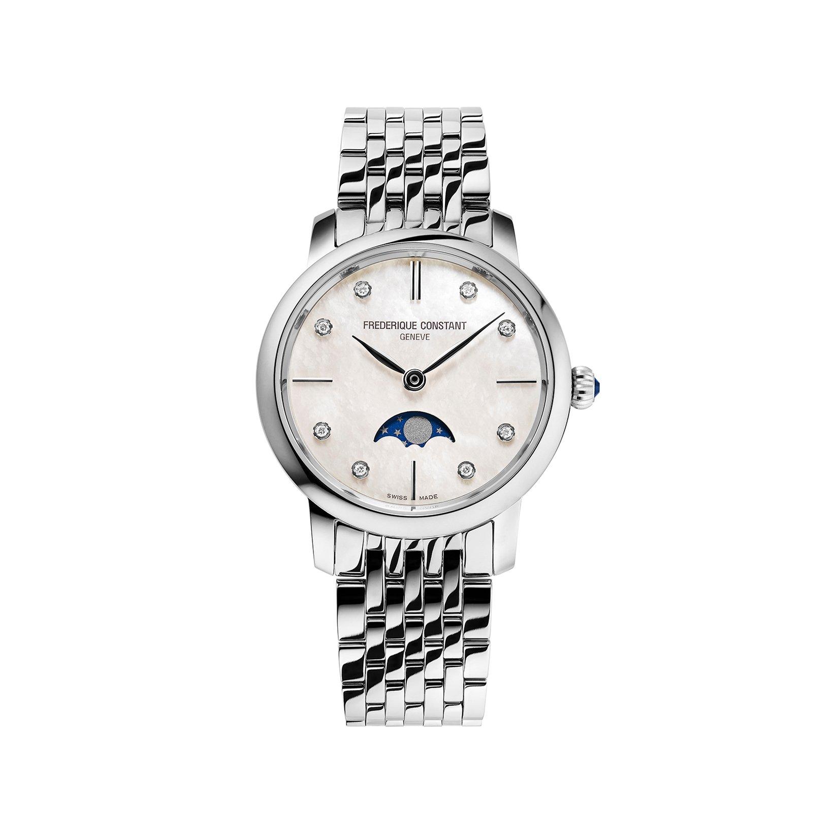 Frederique Constant Classics Slimline Moonphase Quartz 30 mm Stainless Steel Watch  White Dial  Stainless Steel Bracelet