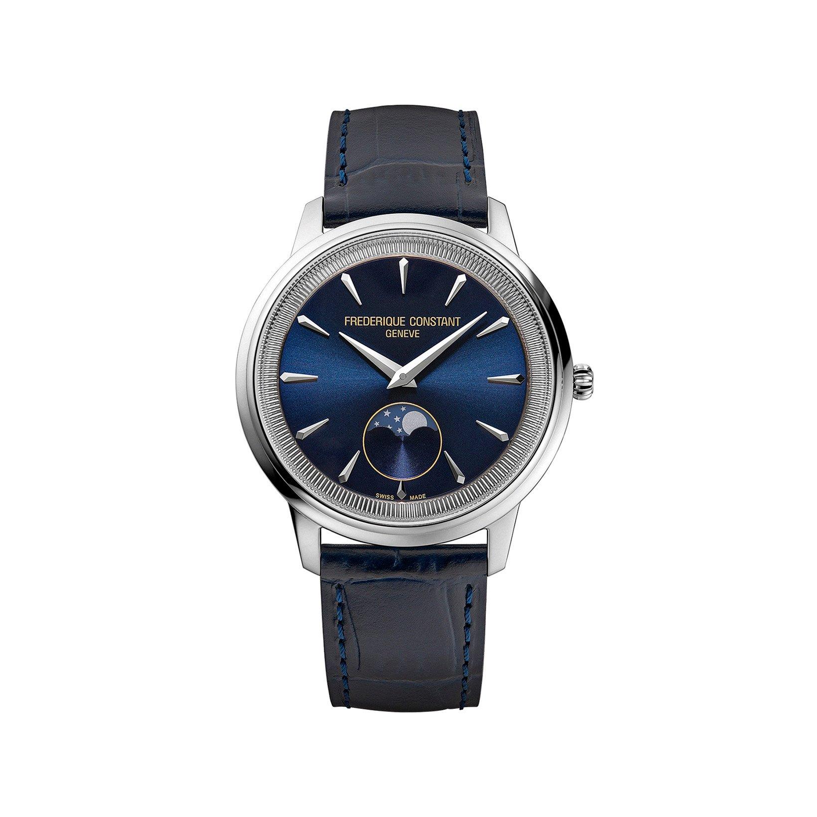 Frederique Constant Classics Moneta Moonphase Quartz 37 mm Stainless Steel Watch  Blue Dial   Leather Strap