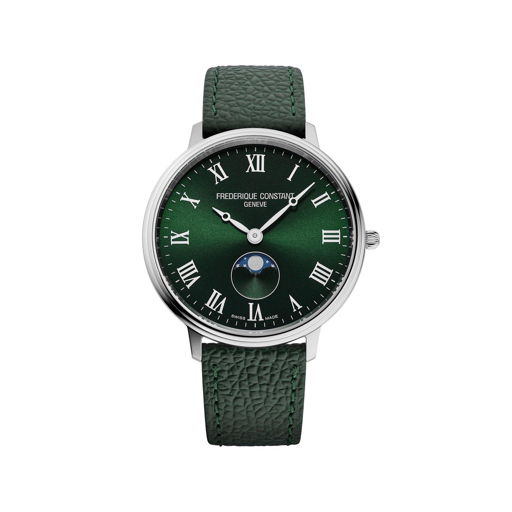Frederique Constant Classics Moneta Moonphase Quartz 39 mm Stainless Steel Watch  Green Dial   Leather Strap