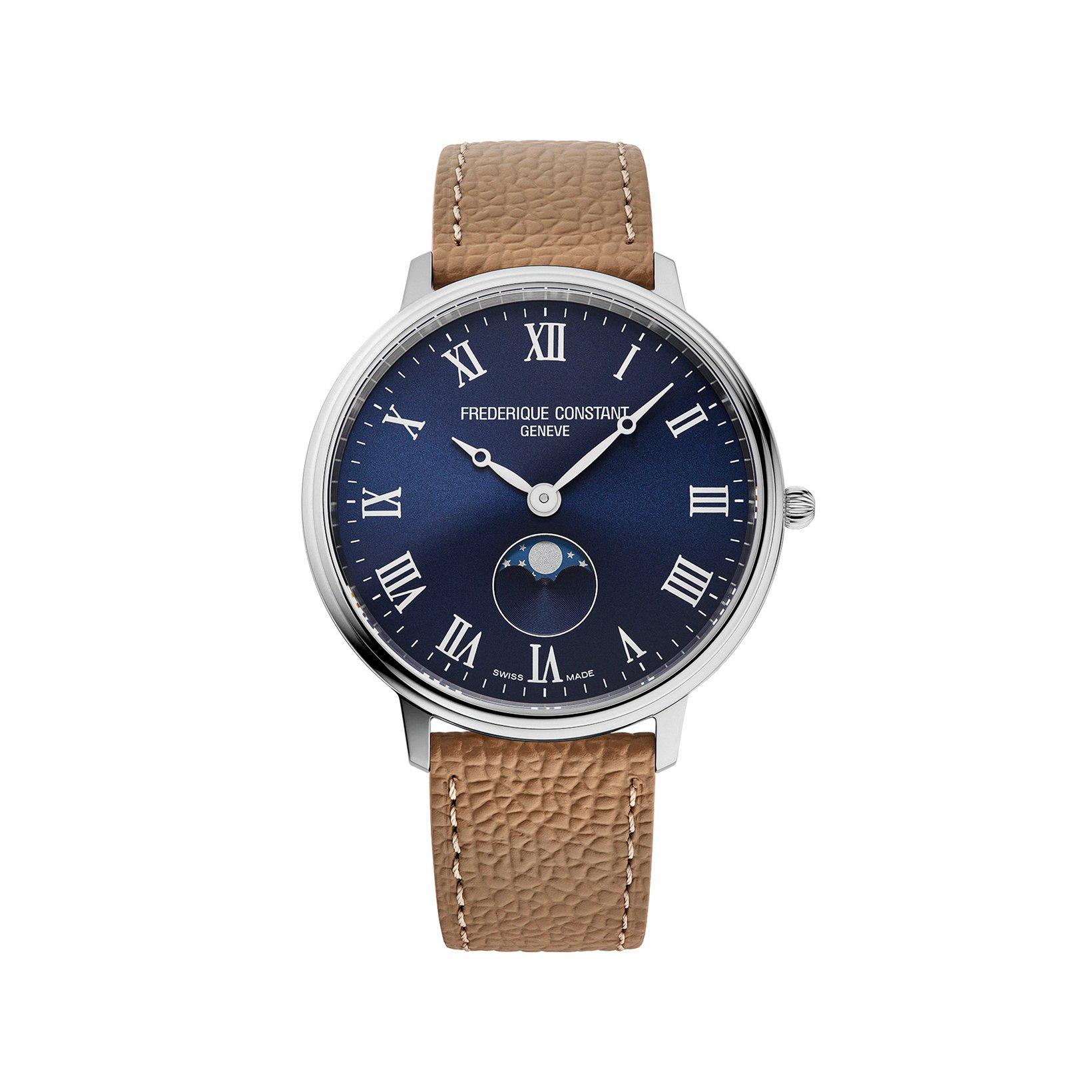 Frederique Constant Classics Moneta Moonphase Quartz 39 mm Stainless Steel Watch  Blue Dial   Leather Strap