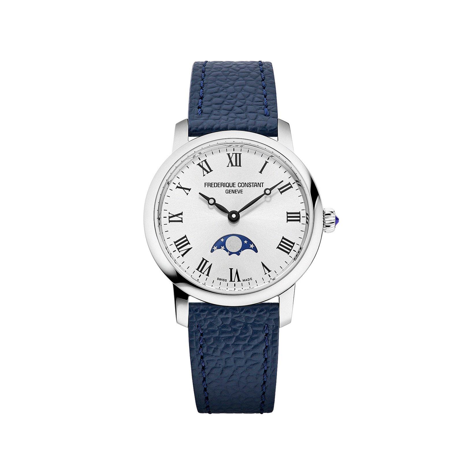 Frederique Constant Classics Slimline Moonphase Quartz 30 mm Stainless Steel Watch  Silver Dial   Leather Strap