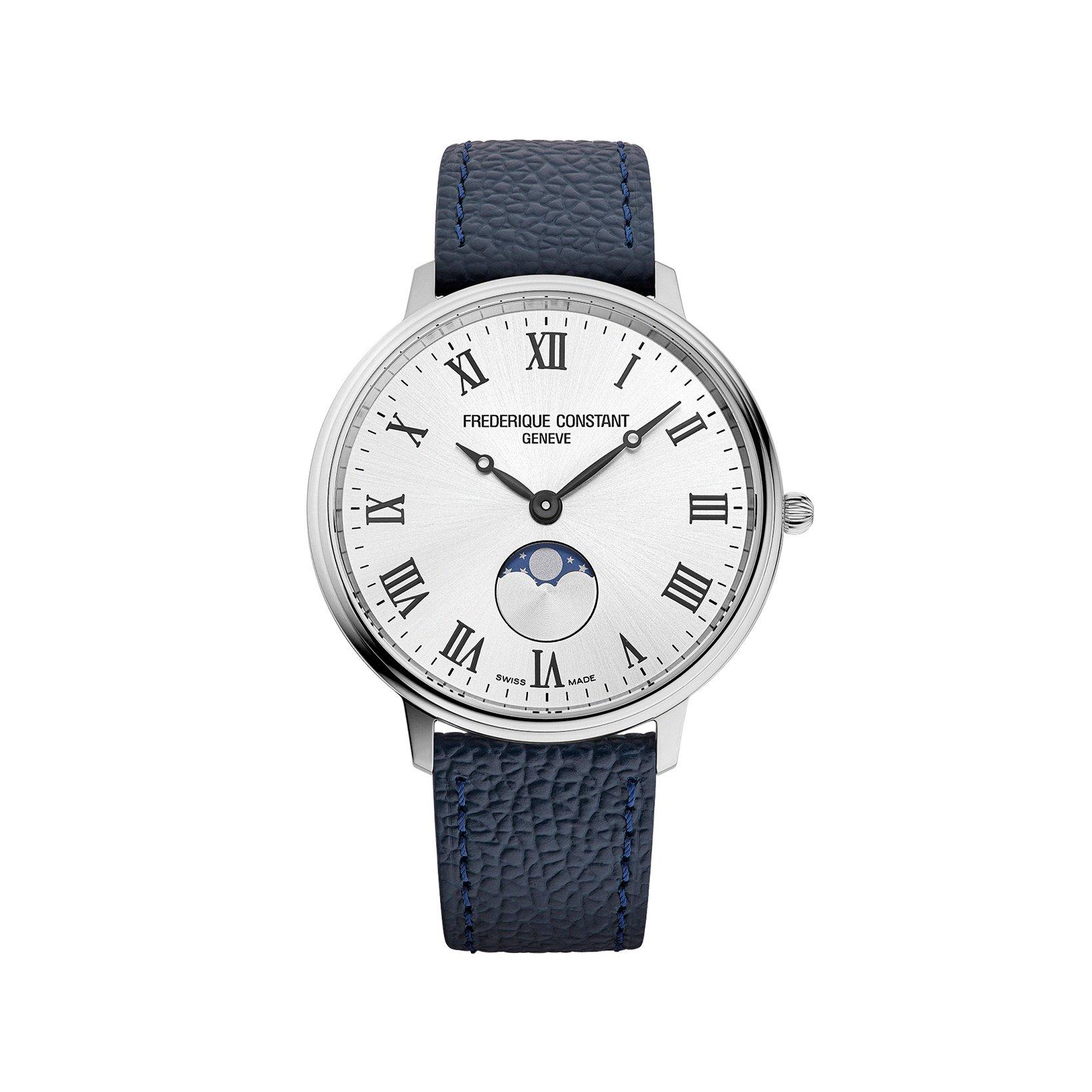 Frederique Constant Classics Moneta Moonphase Quartz 39 mm Stainless Steel Watch  Silver Dial   Leather Strap