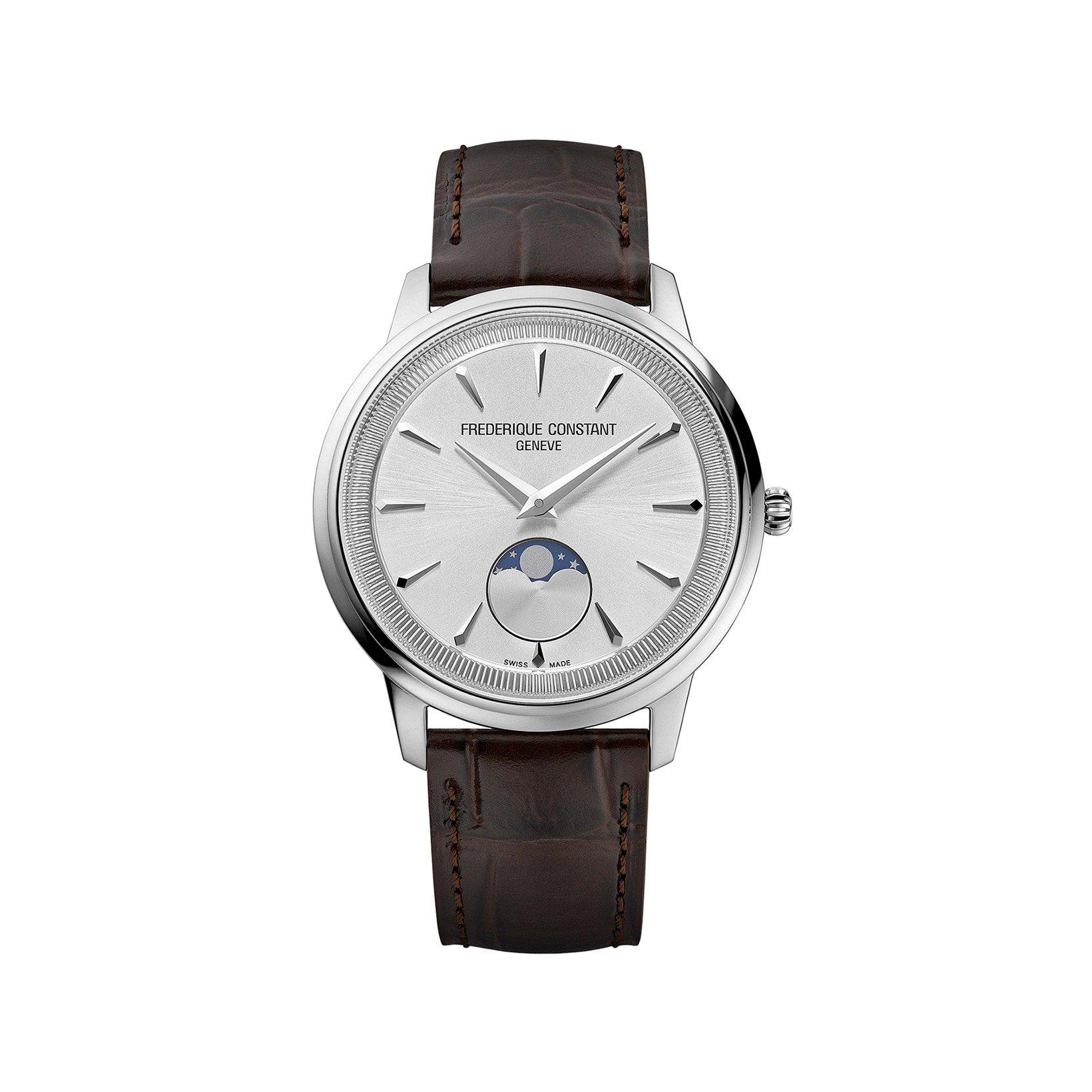 Frederique Constant Classics Moneta Moonphase Quartz 37 mm Stainless Steel Watch  Silver Dial   Leather Strap