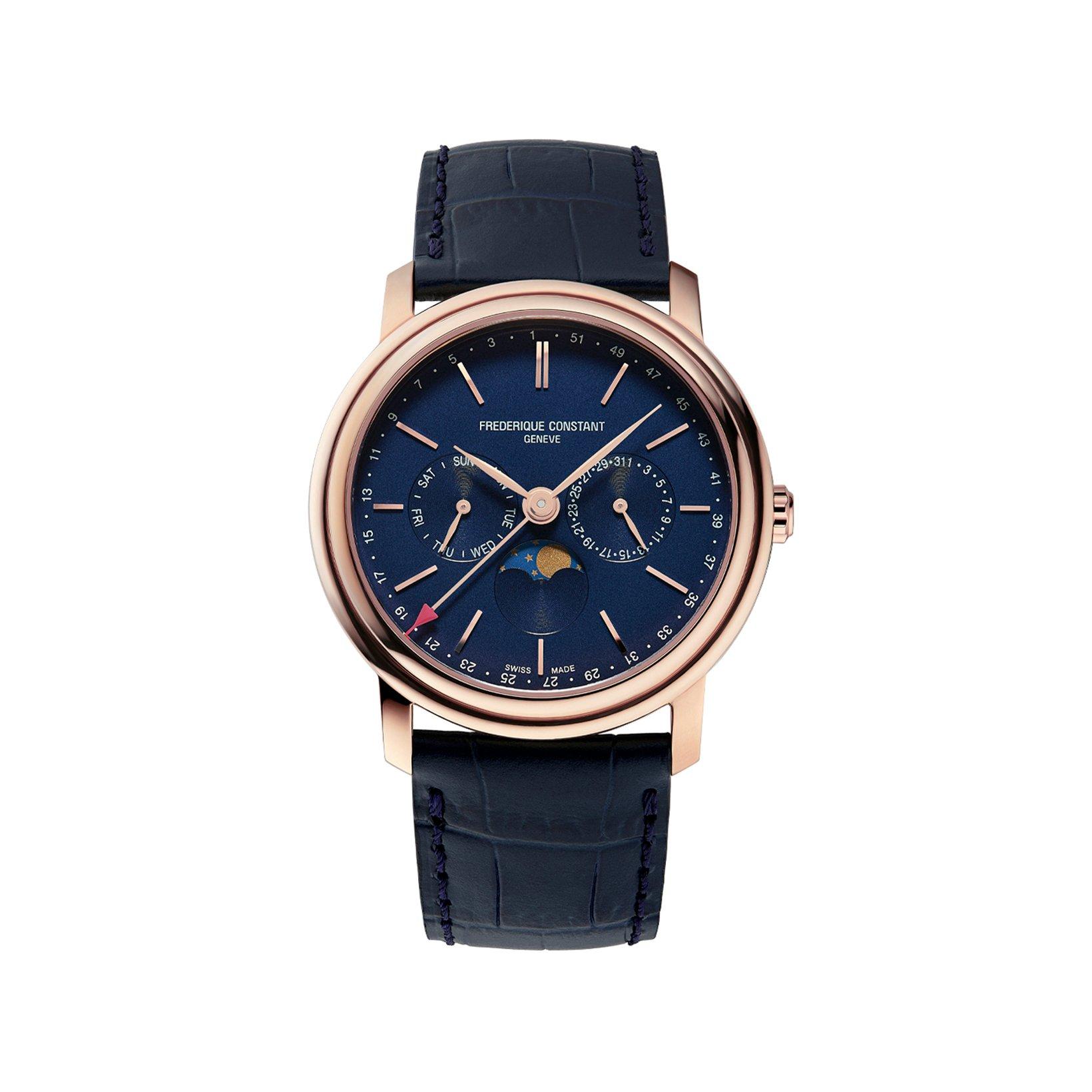 Frederique Constant Classics Business Timer Quartz 40 mm Rose Gold Pvd Stainless Steel Watch  Blue Dial   Leather Strap