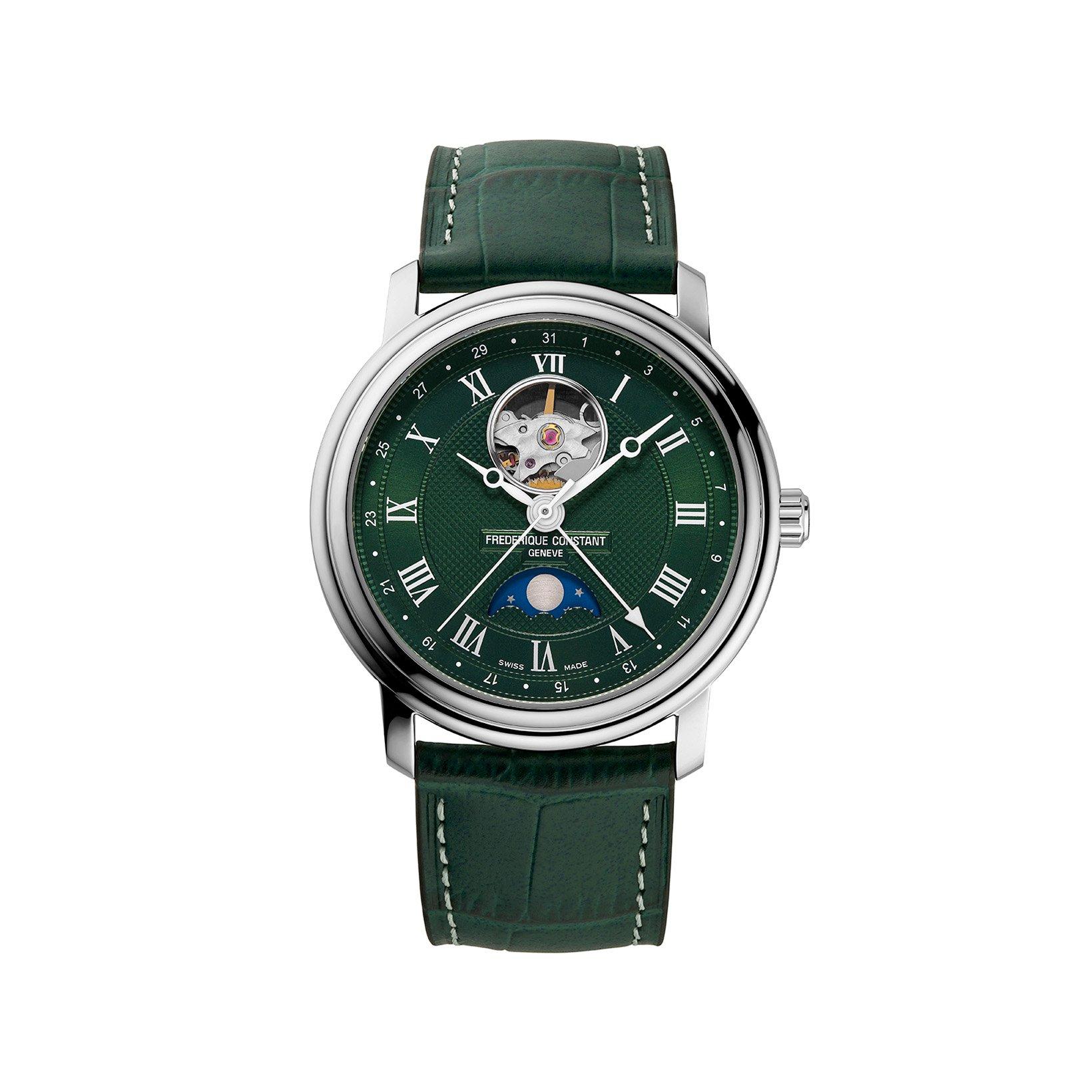 Frederique Constant Classics Heart Beat Automatic 40 mm Stainless Steel Watch  Green Dial   Leather Strap