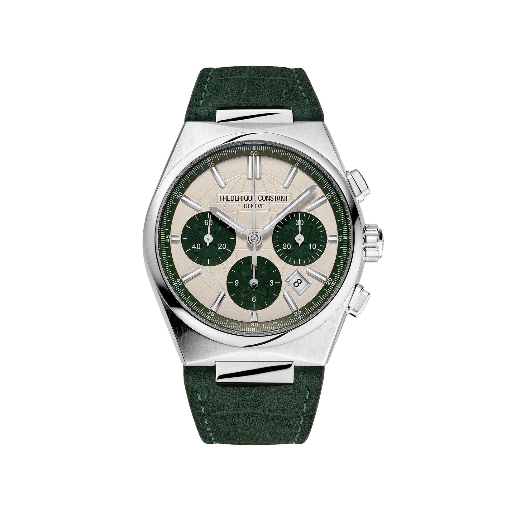 Frederique Constant Highlife Chronograph Automatic 41 mm Stainless Steel Watch  Green Dial   Leather Strap