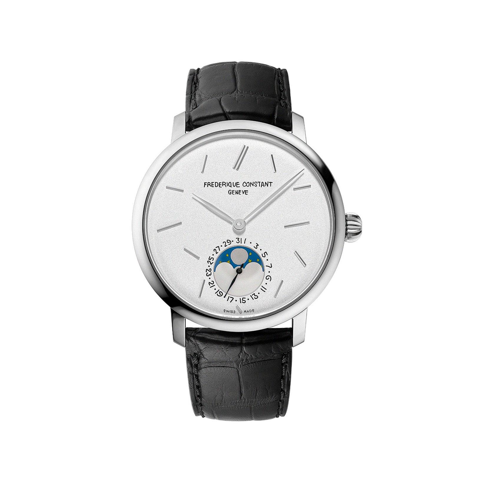 Frederique Constant Manufacture Slimline Moonphase Automatic 42 mm Stainless Steel Watch  Silver Dial   Alligator Leather Strap