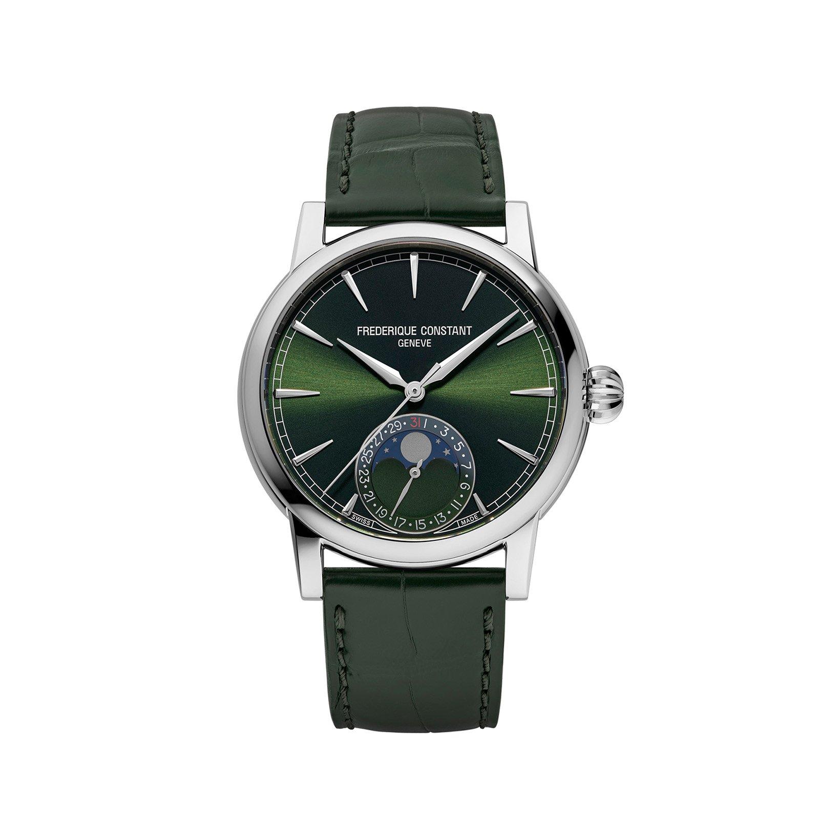 Frederique Constant Manufacture Classic Moonphase Automatic 40 mm Stainless Steel Watch  Green Dial   Alligator Leather Strap