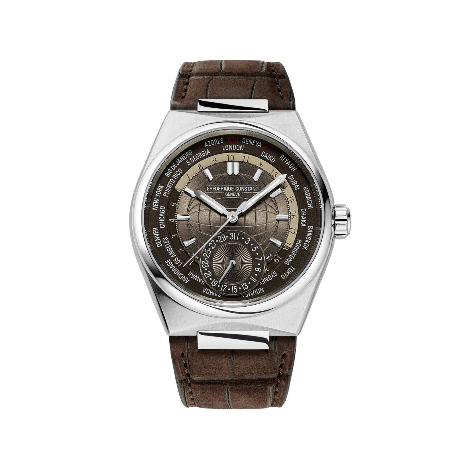 Frederique Constant Highlife Worldtimer Automatic 41 mm Stainless Steel Watch  Brown Dial   Alligator Leather Strap