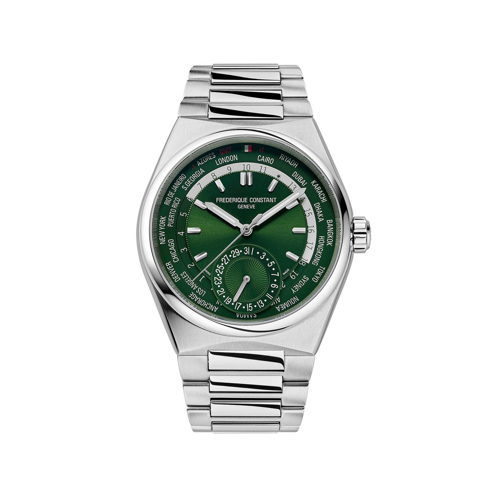 Frederique Constant Highlife Worldtimer Automatic 41 mm Stainless Steel Watch  Green Dial  Stainless Steel Bracelet