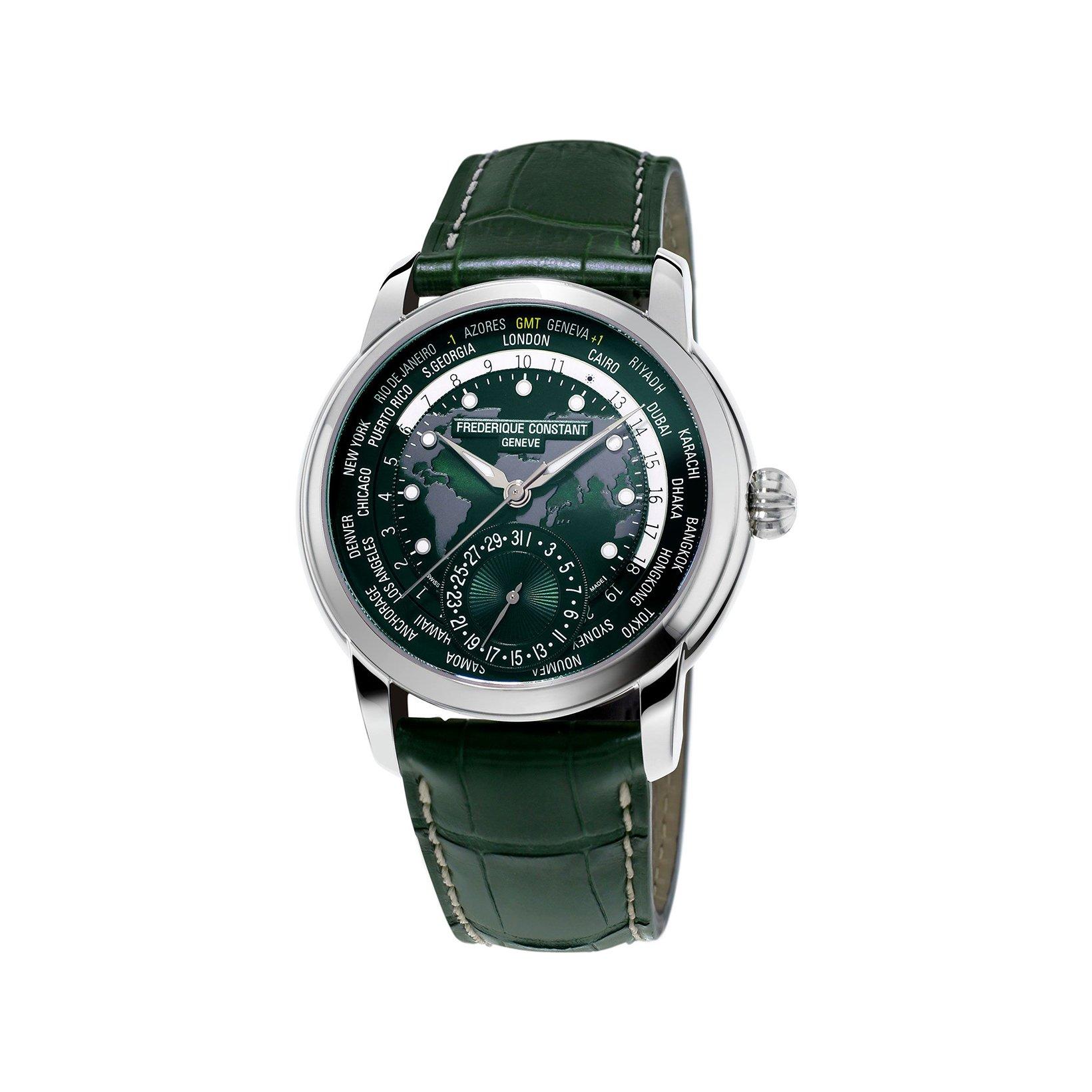 Frederique Constant Manufacture Classic Worldtimer Automatic 42 mm Stainless Steel Watch  Green Dial   Alligator Leather Strap