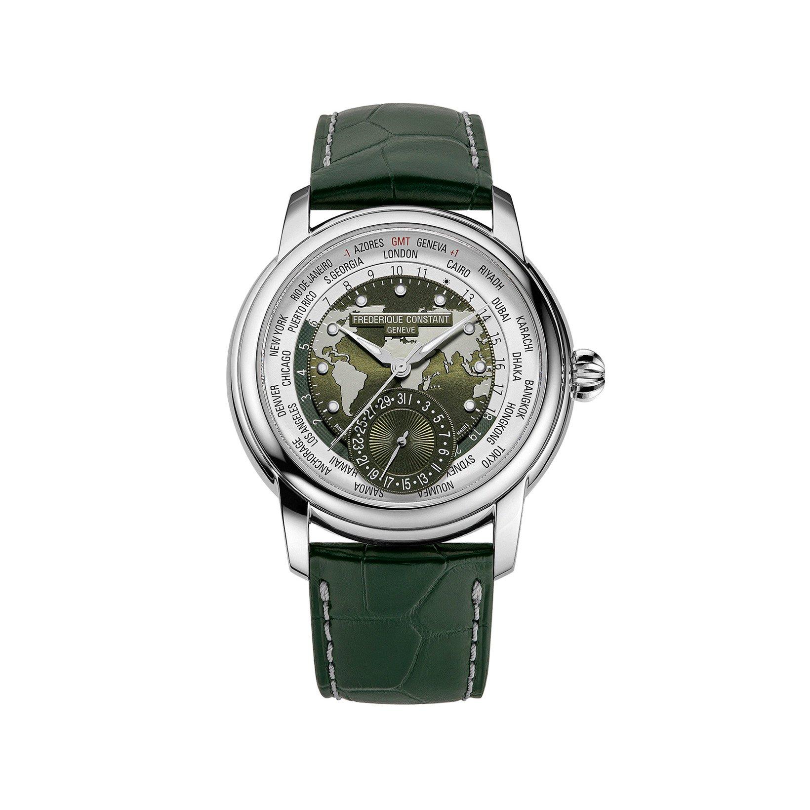 Frederique Constant Manufacture Classic Worldtimer Automatic 42 mm Stainless Steel Watch  Khaki Dial   Alligator Leather Strap