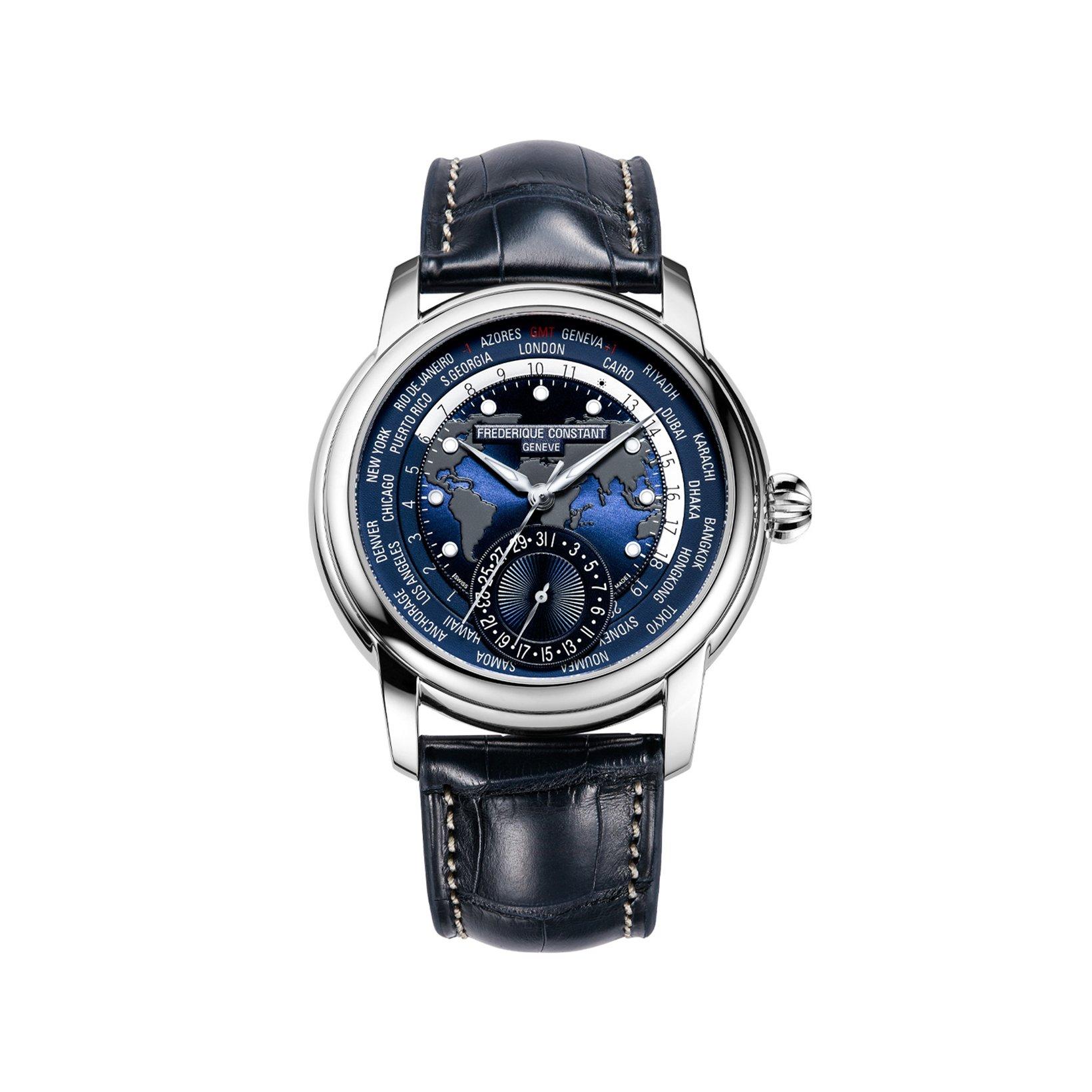 Frederique Constant Manufacture Classic Worldtimer Automatic 42 mm Stainless Steel Watch  Blue Dial   Alligator Leather Strap