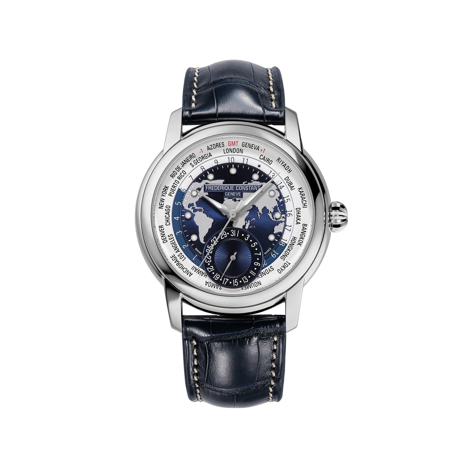 Frederique Constant Manufacture Classic Worldtimer Automatic 42 mm Stainless Steel Watch  Blue Dial   Alligator Leather Strap